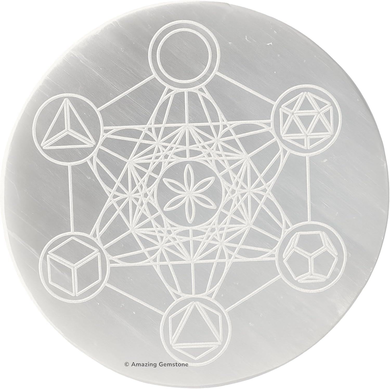 Amazing Gemstone Selenite Crystal Charging Plate for Crystals and Healing Stones, 4″ Selenite Crystal Plate Engraved Platonic Metatron Cube Coaster for Home, Office Table Decor (Selenite Round Disc)