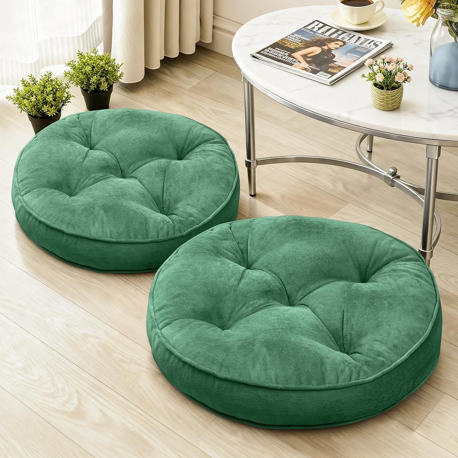 1 MIDDLE ONE Floor Pillow Set of 2, Memory Foam Meditation Cushion, Floor Cushions for Adults Sitting, Large Round Seat Cushions for Yoga, Living Room, 20×20 Inch (Round | Green)