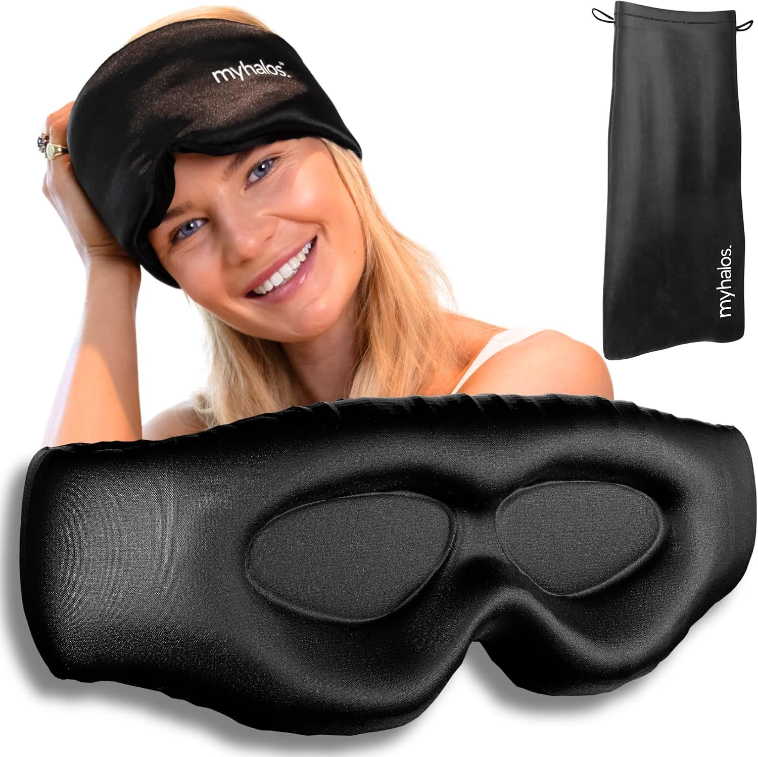 MyHalos 3D Mulberry Silk Sleep Mask for Women & Men with Cups, Blackout – Silk Eye Masks for Sleep Anywhere, Travel, Night, Face, Side – Eye Cover, Sleeping Mask, Eyemask, Sleepmask, Black
