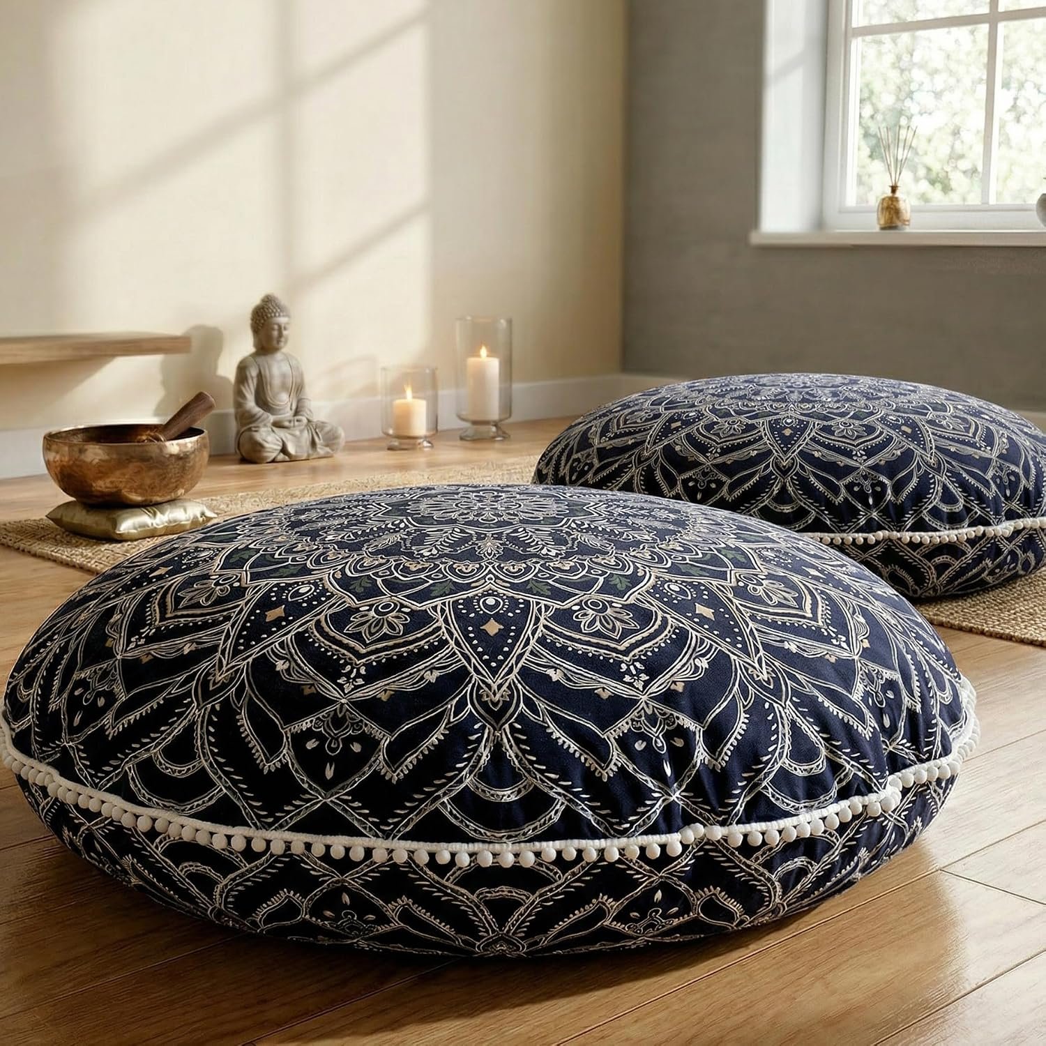 Codi Meditation Cushion for Adults Set of 2-32″ Large Floor Pillow with Supportive Shredded Memory Foam – Round Zabuton with Washable Cover, Bohemian Mandala Seating for Yoga and Mindfulness, Black