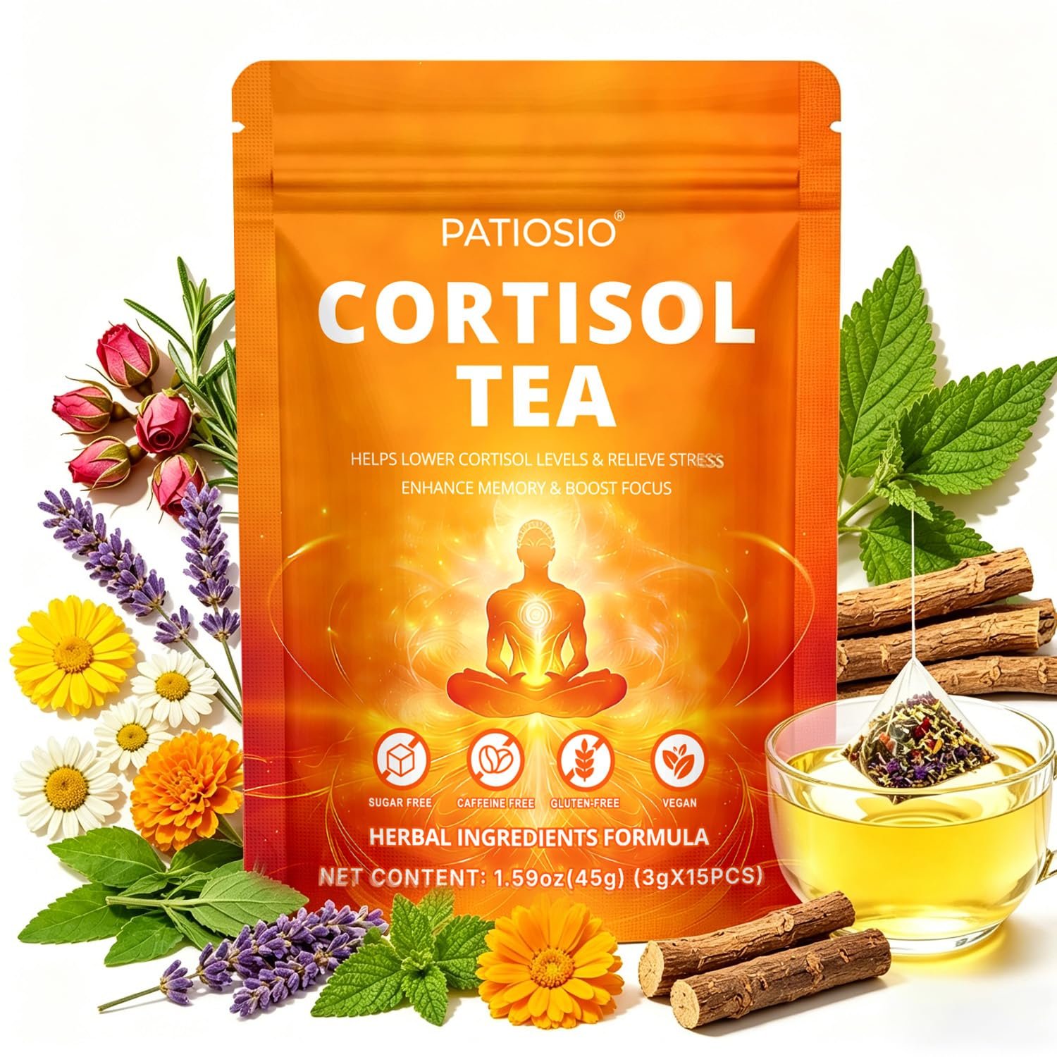 Natural Cortisol Health Herbal Tea for Women & Men, Cortisol Reducer Manager Detox Tea with Chamomile, Ashwagandha, Lemongrass & Licorice, Support Sleep & Relaxation, Hormone Balance, Mood, Focus