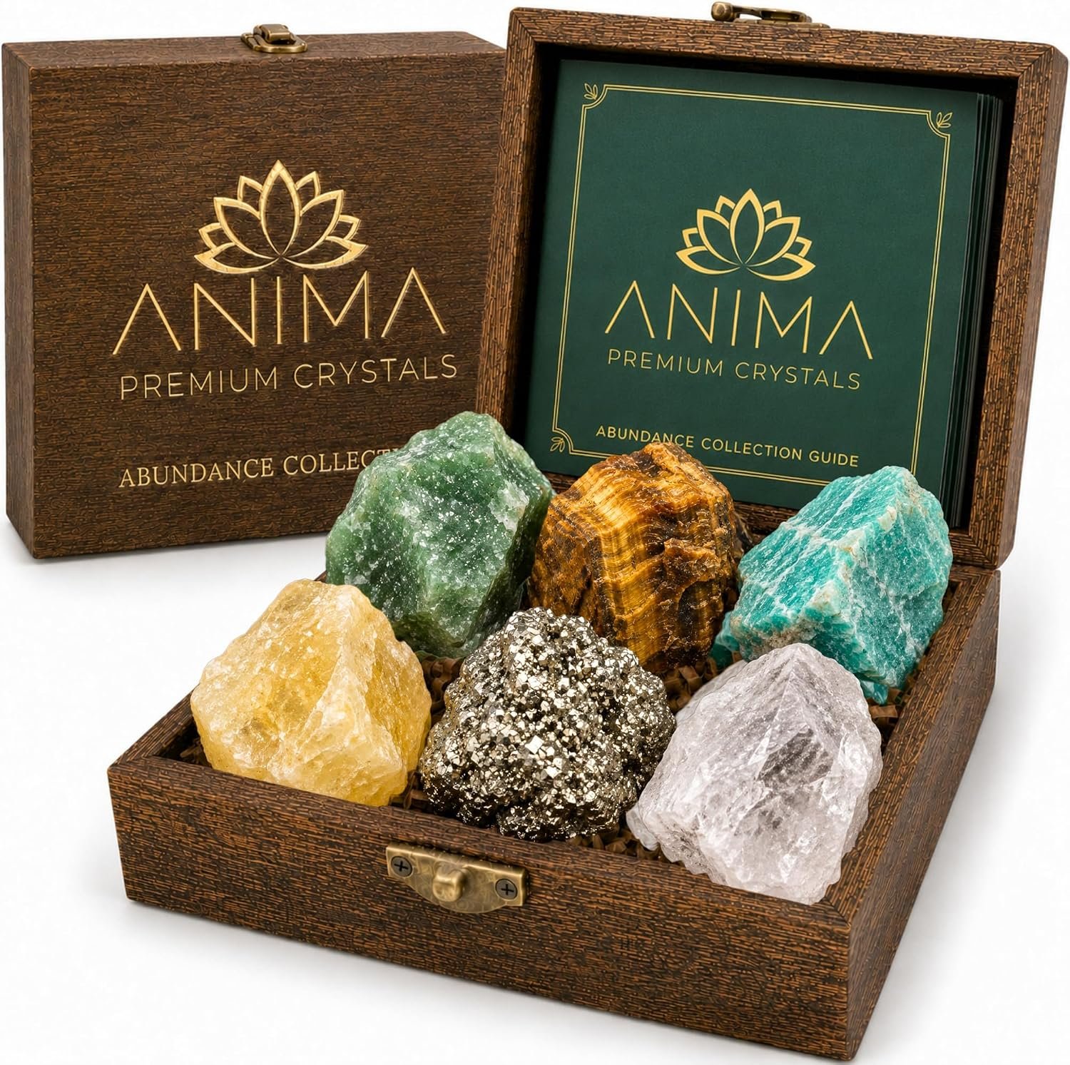Anima Premium Abundance Healing Crystals Set for Success & Good Luck – Large Raw Citrine, Pyrite, Tigers Eye, Green Aventurine, Amazonite & Clear Quartz – Wooden Gift Box and Guide Booklet Included
