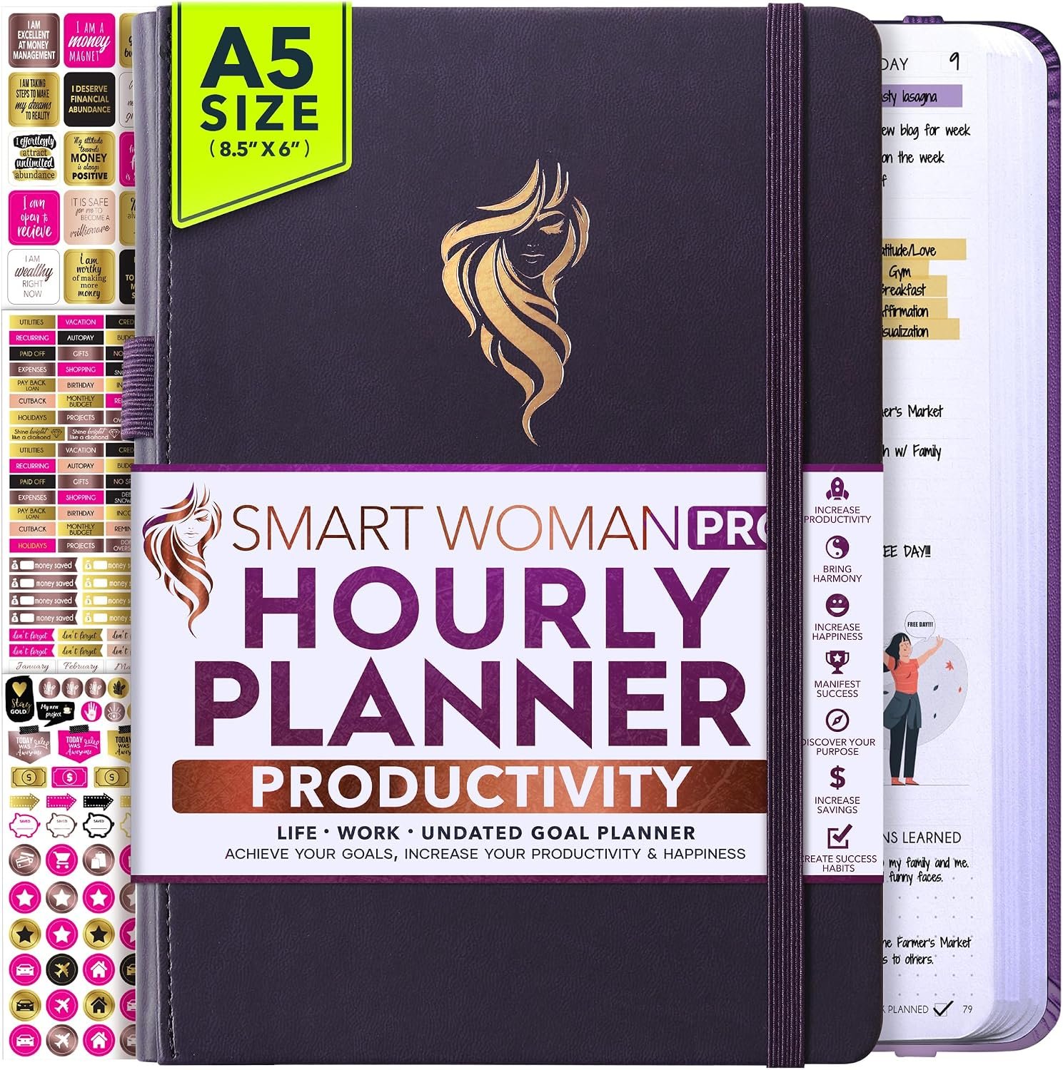 Hourly Planner – Undated Daily, Weekly & Monthly Planner with Budget Section | A 12 Month Journey to Increase Productivity & Happiness | Life Organizer & Gratitude Journal – Vertical Format