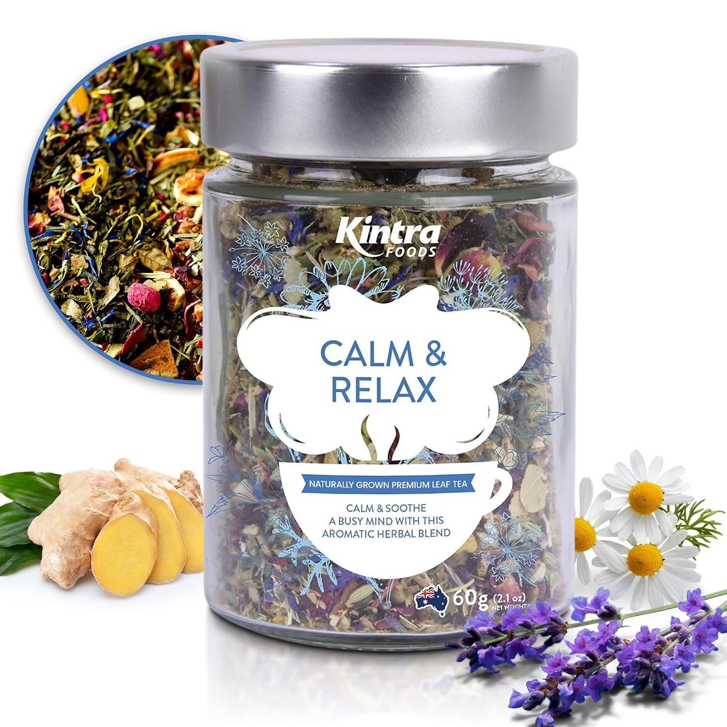 Kintra Foods Calm & Relax Loose Leaf | Herbal Blend With Chamomile, Lavender and Passionflower | Soothing Tea | Caffeine-Free Calming Tea | 60g Jar for Ultimate Relaxation