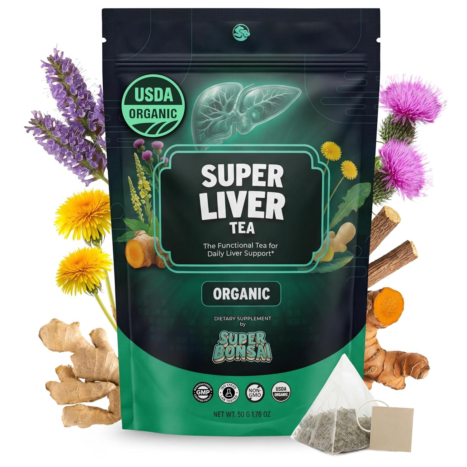 SuperBonsai Organic Liver Detox Tea – Dandelion Root & Milk Thistle Herbal Tea for Liver Support, Digestive Detox & Cleanse – Turmeric, Ginger & Nettle Botanical Blend – 20 Organic Tea Bags