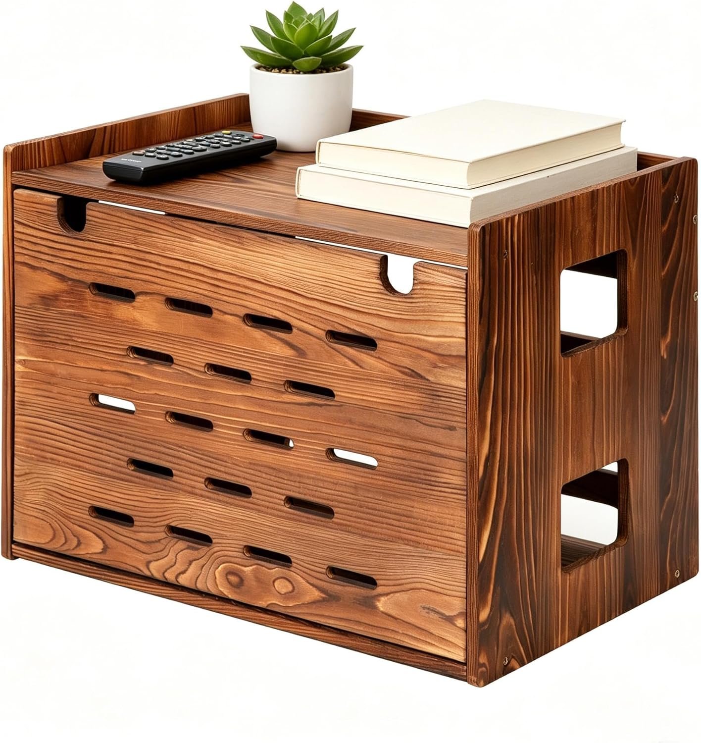 Wooden WiFi Router Storage Box, Wall Mount Vented Router & Modem Enclosure, Cable Management Organizer Cabinet, Router Hider Shelf, Carbonized Pine Wood, Fits Routers up to 11″Tall – Carbonized Brown