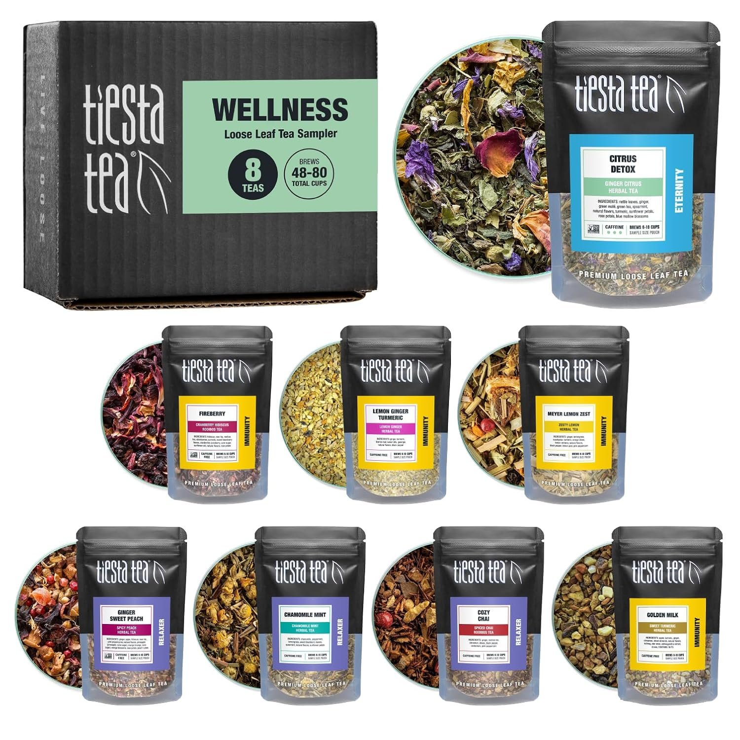 Tiesta Tea – Wellness Tea Sampler Dry Flight Set, Loose Leaf, High to No Caffeine, Makes Hot & Iced, Assorted Brew Sets with Herbal, Chai, Fruit Drinks & More, 8 Resealable Sample Pouches