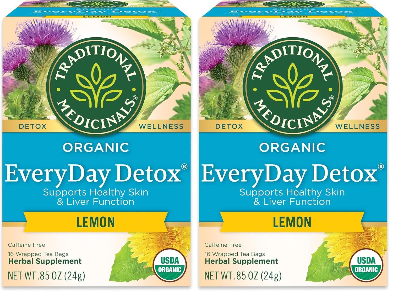 Traditional Medicinals Tea, Organic Everyday Detox Lemon, Supports Healthy Skin & Liver Function, Detox, 16 Tea Bags (Pack of 2)