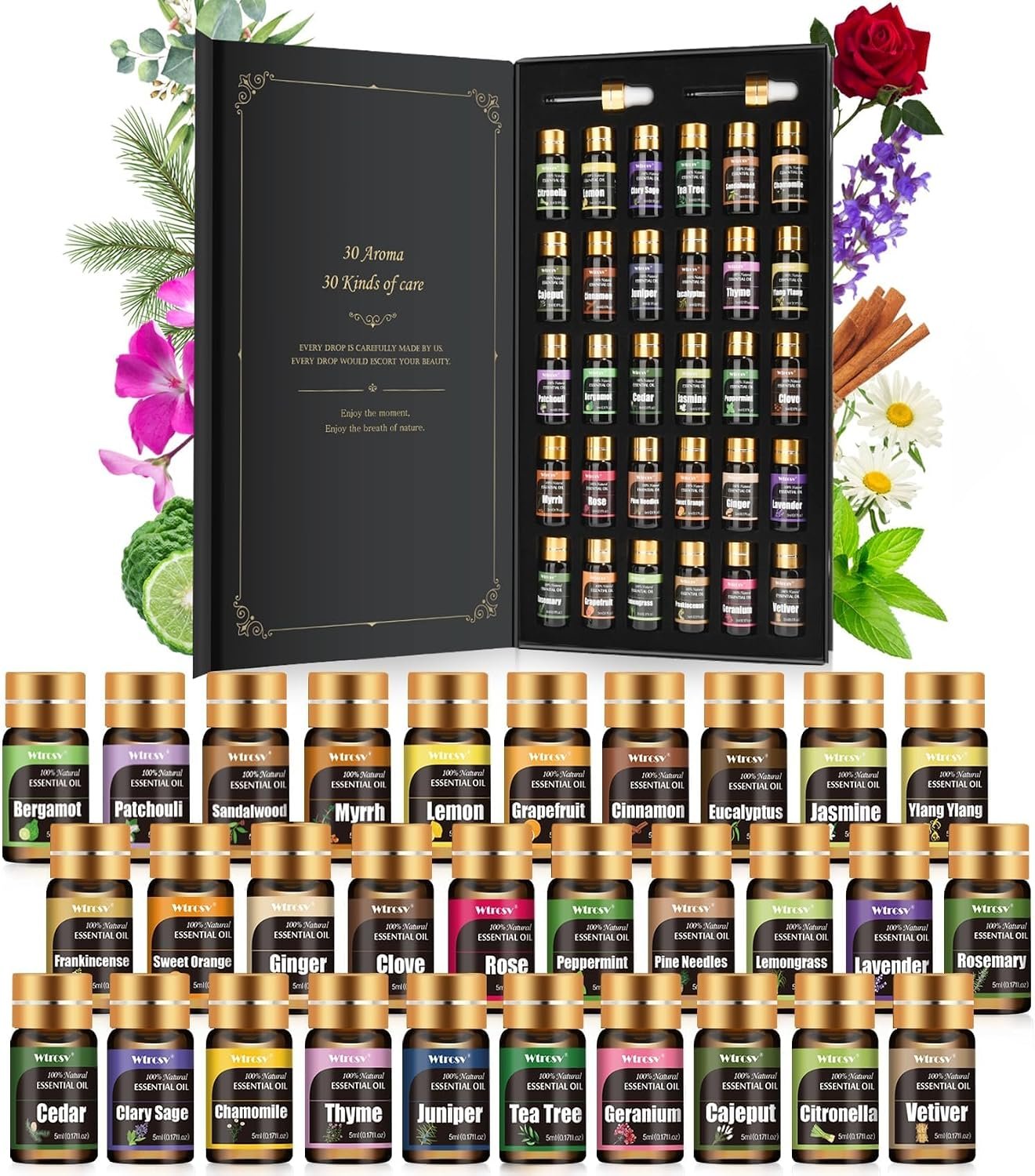 Essential Oils Gifts Set – 30 Unique Scents – Perfect for Diffuser, Humidifier,Aromatherapy, Massage,Skin & Hair Care,30×5 ml