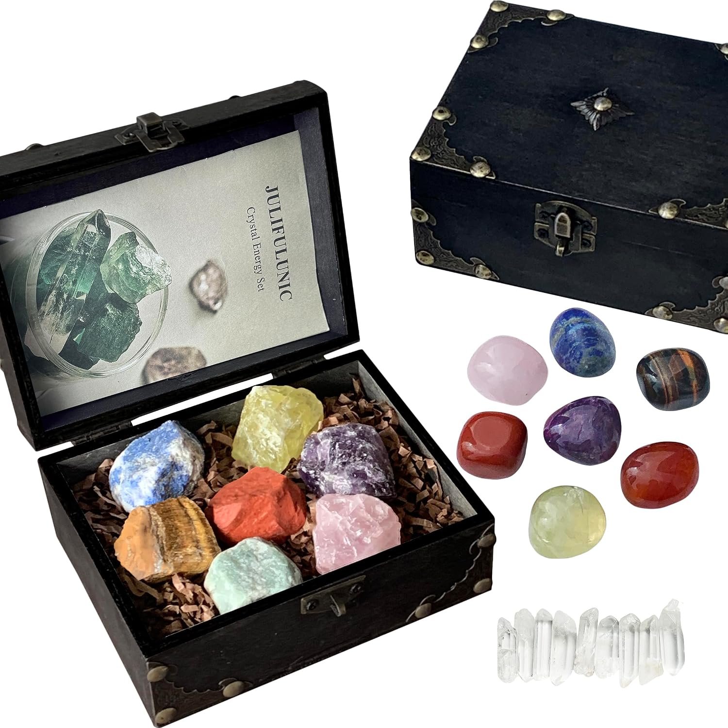 23-Piece Crystal Healing Set with 7 Raw & 7 Polished Stones 9 White Quartz Authentic Brazil & Uruguay Crystals in Wooden Box Complete Chakra Kit with Guide for Meditation Reiki Gift