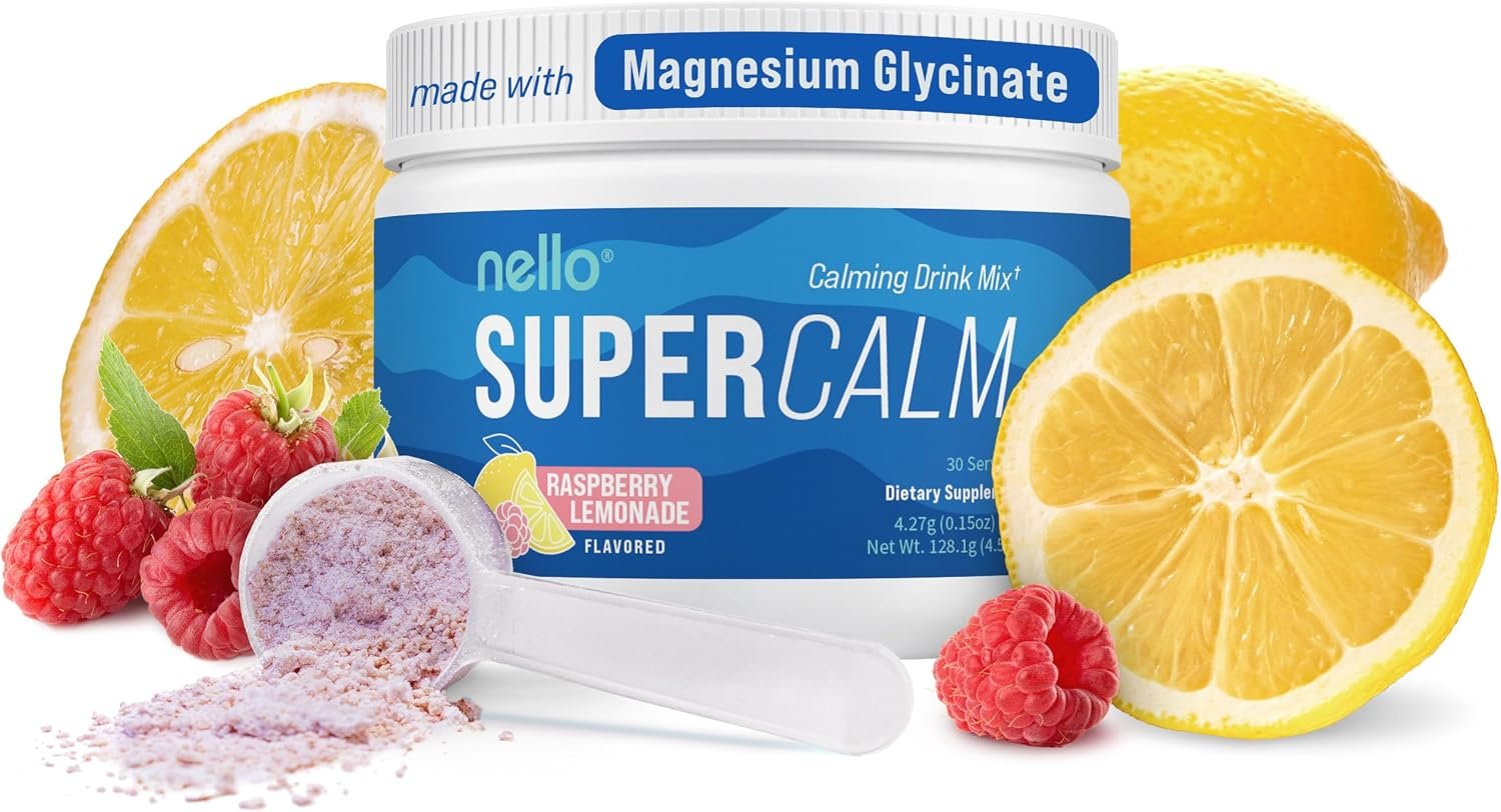 Nello Supercalm Powdered Drink Mix Tub, Cortisol Reducer*, Sleep Aid Supplement, L Theanine, Ksm-66 Ashwagandha, Magnesium Glycinate, Vitamin D 3, No Sugar, Non GMO, 30 Ct, Raspberry Lemonade