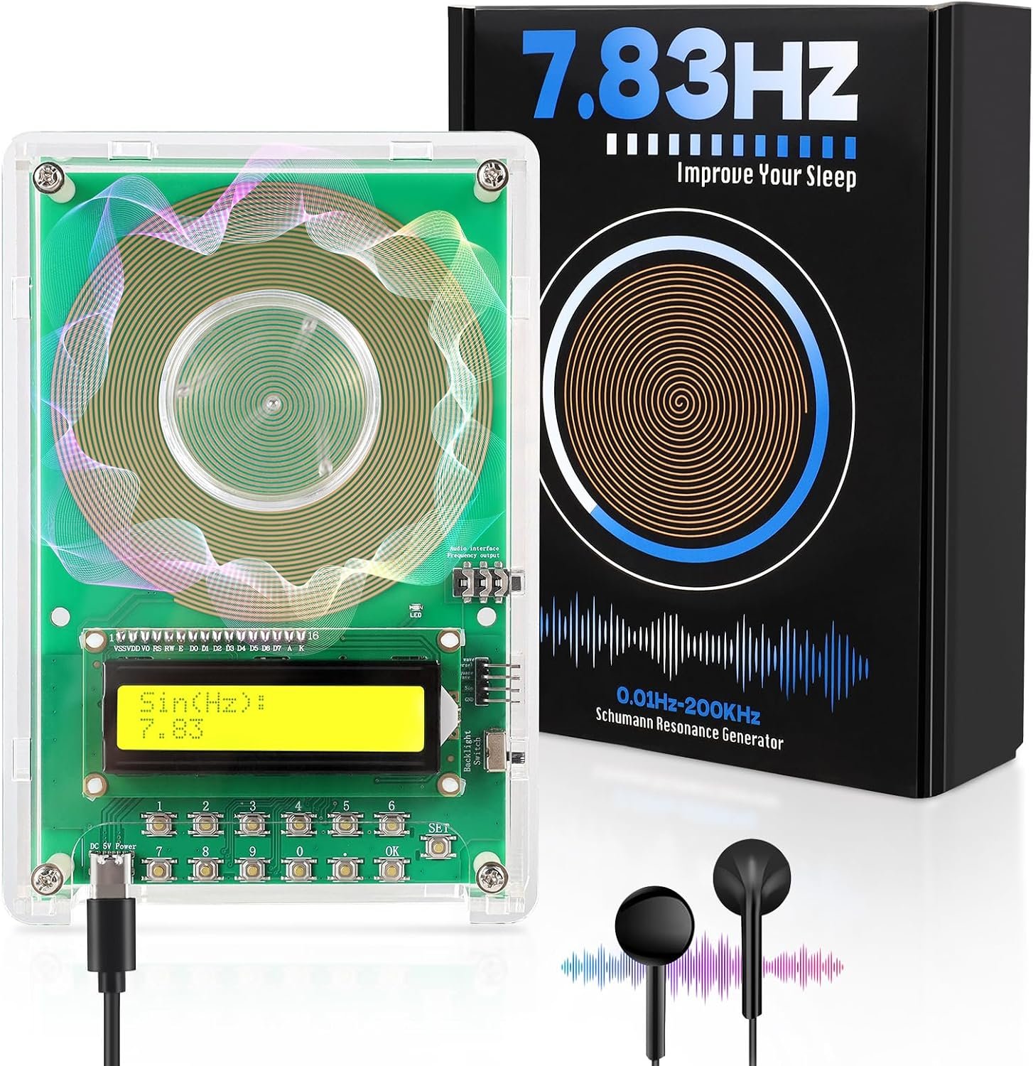 Adjustable Frequency Generator for Healing (0.01Hz-200kHz), 7.83Hz Schumann Resonance Generator, USB-C Powered Sine Wave Signal Generator for Sleep, Yoga, Meditation & Stress Relief with LCD Display