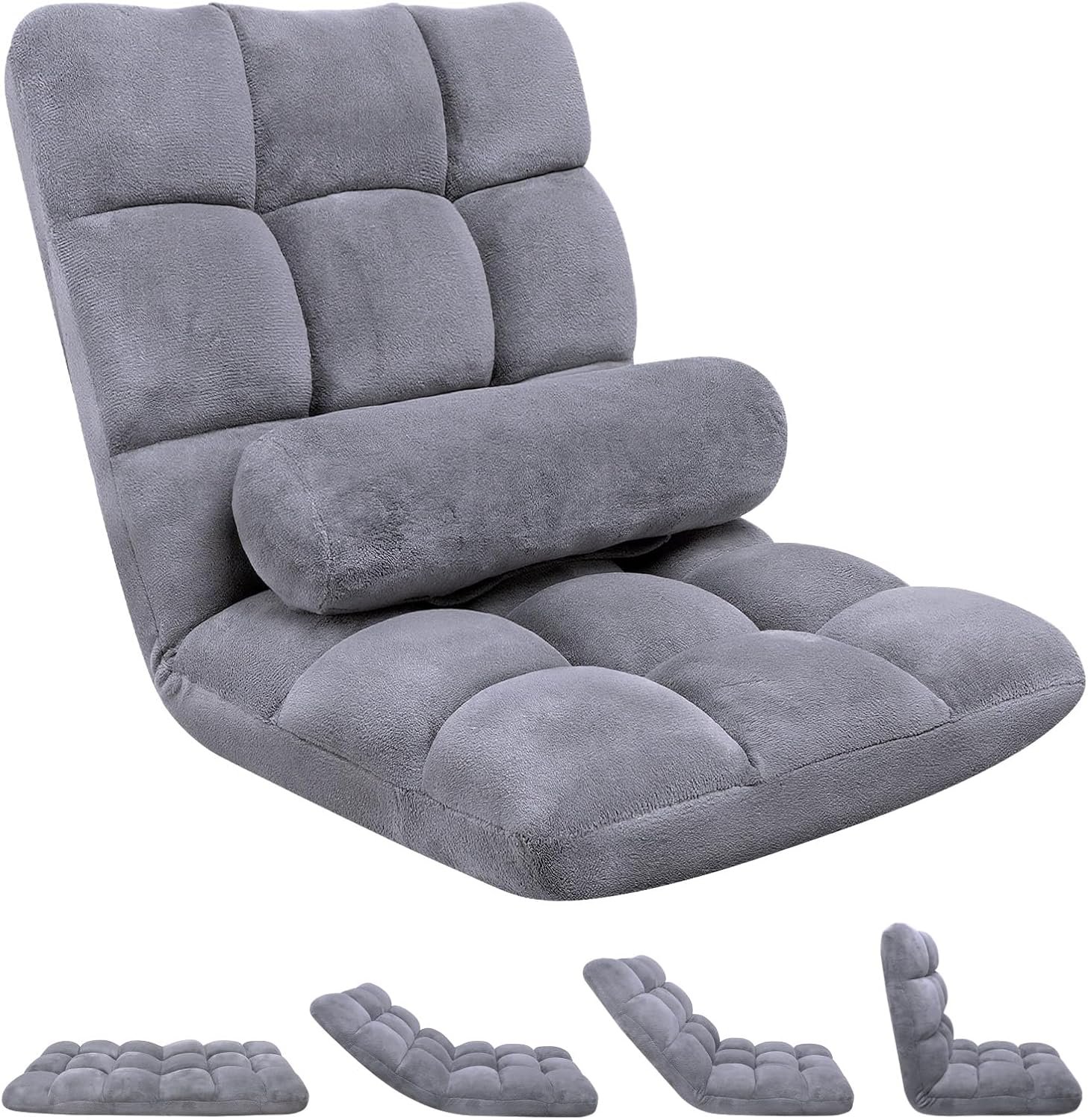 HOPERAN Folding Floor Chair with Back Support, 6-Poistion Adjustable Floor Gaming Chair for Adults, Couch Recliner, Padded Floor Lazy Sofa Chair, Foldable Floor Seat for Meditation, Sleeping, Grey
