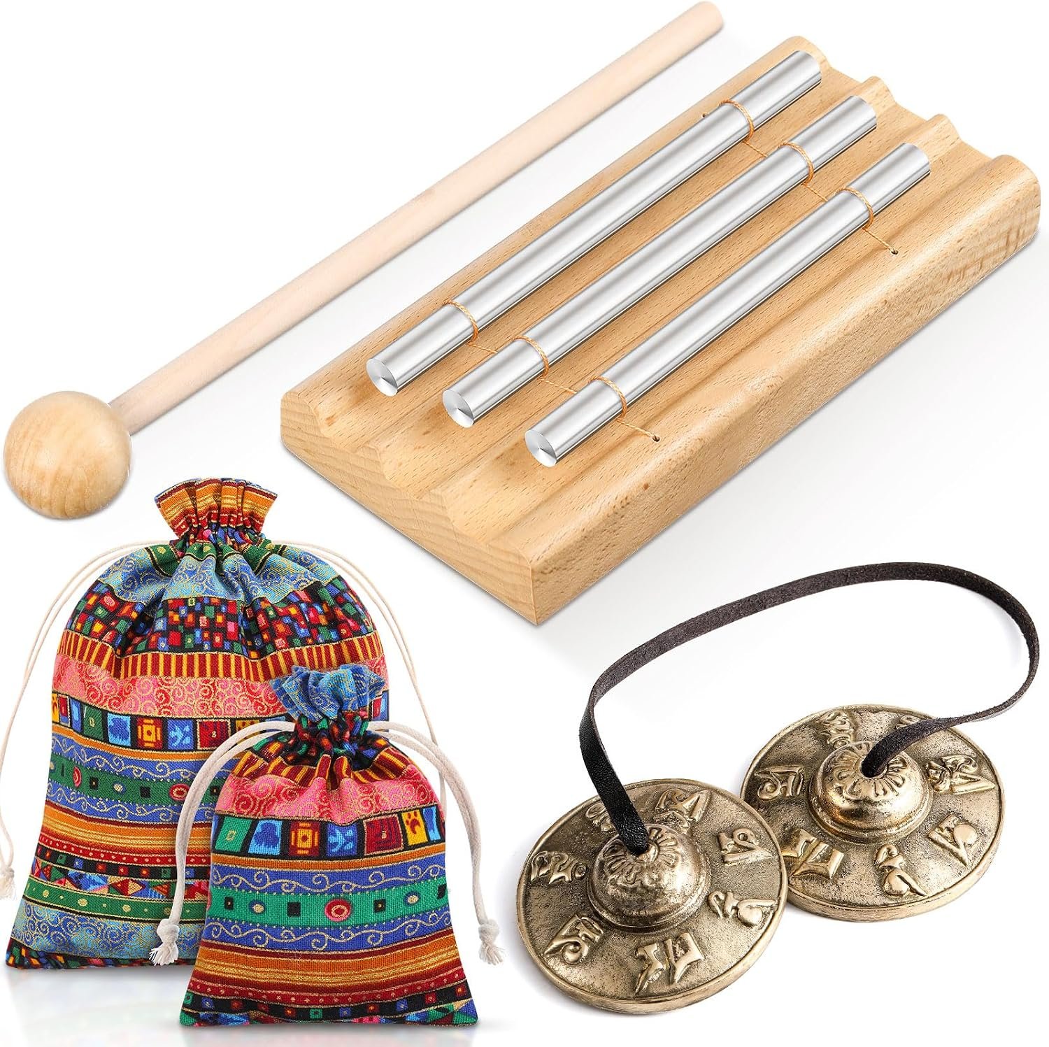 2 Sets Meditation Instruments Include Tibetan Tingsha Cymbals and Three Tone Chime Bell with Drumstick Tibetan Drawstring Cloth Bag for Percussion Yoga Prayer Teacher Classroom Gift