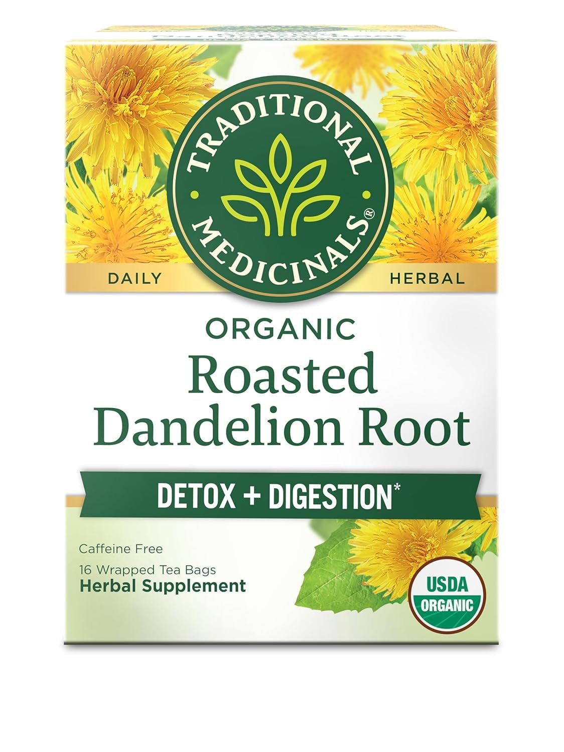 Traditional Medicinals Organic, Roasted, Dandelion Root Tea – Supports Normal Detox + Digestion – Kosher, Non-GMO, Caffeine-Free, Compostable – 16 Tea Bags