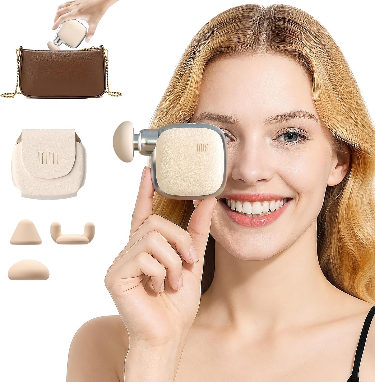 INIA PocketForce Mini Massage Gun, 75% Smaller for Travel, 4-Speed, 3 Heads | Palm-Sized, Lightweight, Quiet, Leather Case, Office & Post-Workout Relaxation, Mini Travel Essentials, Gift for Men & Women