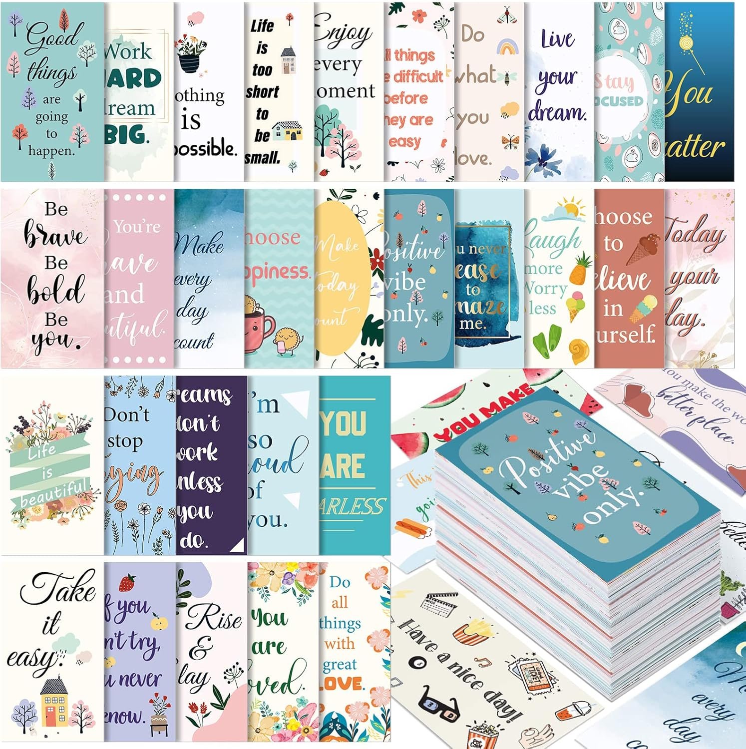 Jinei 300 Inspirational Affirmation Cards Bulk Daily Positive Motivational Gifts Cards Small Mini Encouragement Quotes for Women Coworker Team(Flower Style)