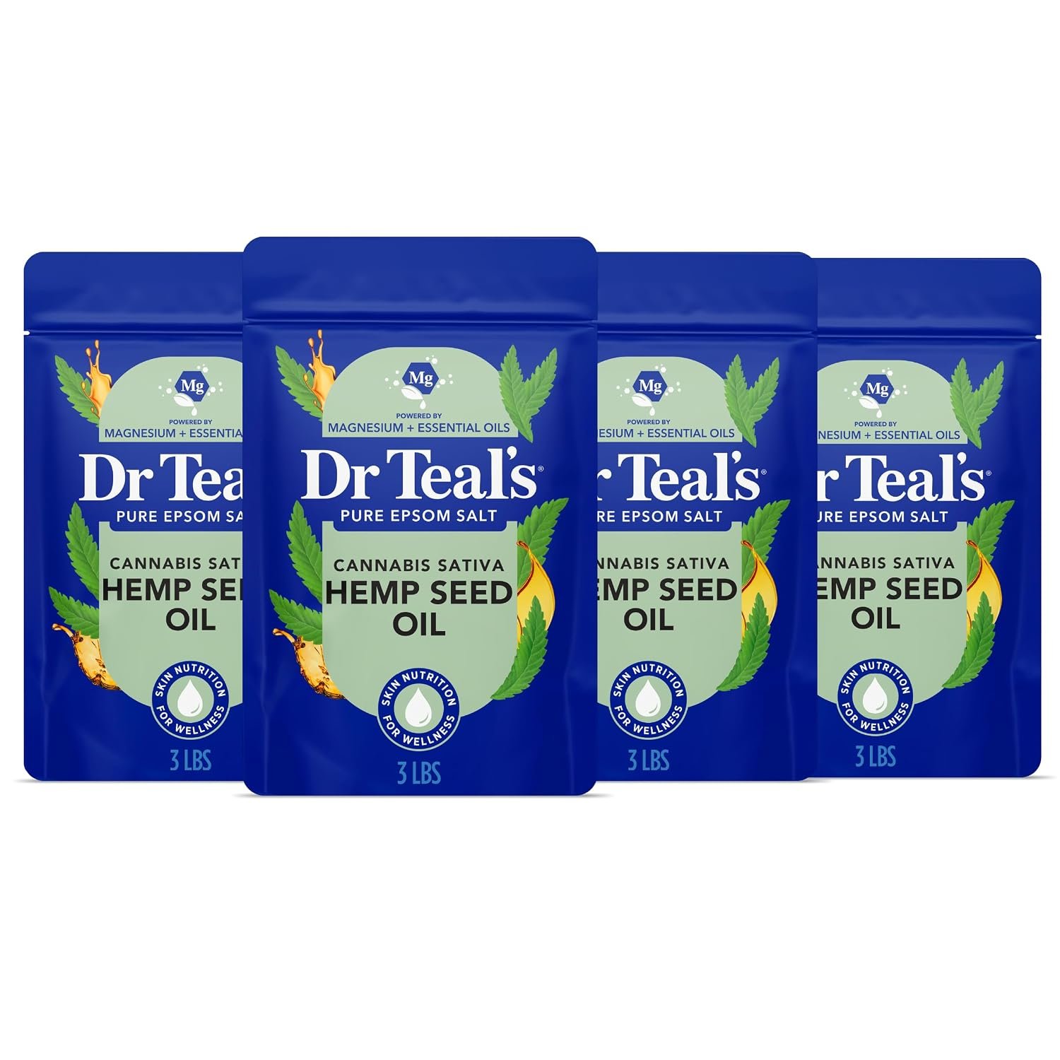 Dr Teal’s Pure Epsom Salt, Cannabis Sativa Hemp Seed Oil, 3 lb (Pack of 4)