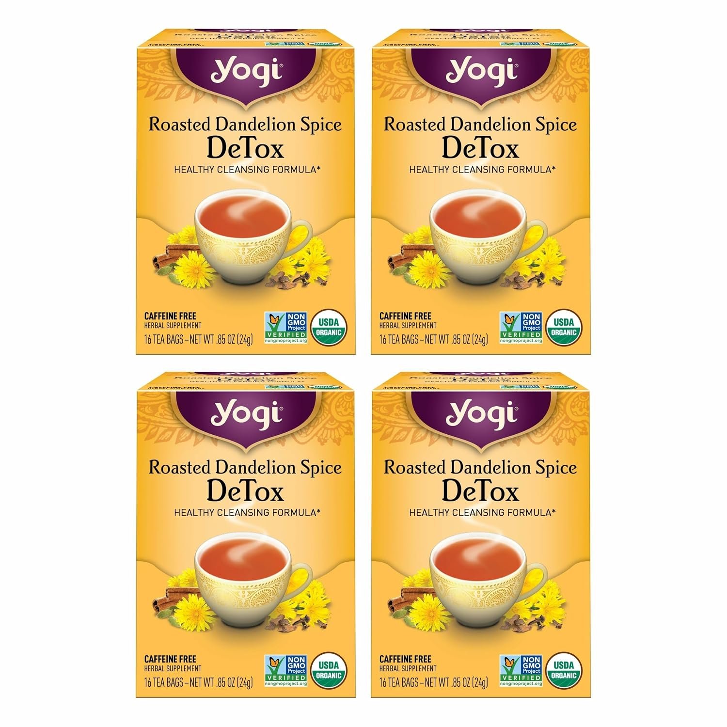 Yogi Tea Roasted Dandelion Spice DeTox – 16 Bags per Pack (4 Packs) – Organic DeTox Tea – Includes Roasted Dandelion Root, Dandelion Root, Cinnamon Bark, Cocoa Shell & More