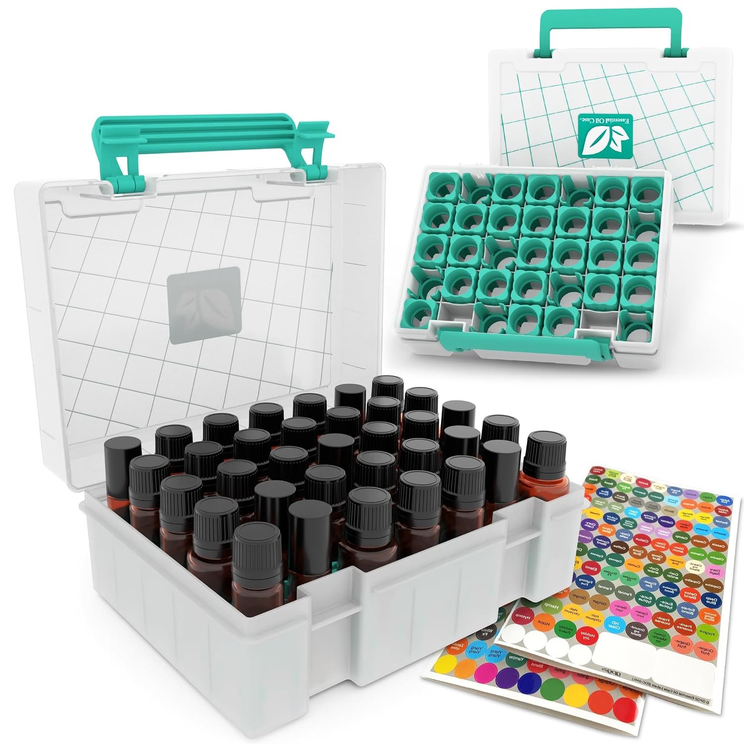 Essential Oil Organizer for 35 Bottles, Hard Shell UV-Filtering Case, Adjustable Holders, Dishwasher Safe, Fits 5ml 10ml 15ml & Roller Bottles, doTERRA Young Living, Teal