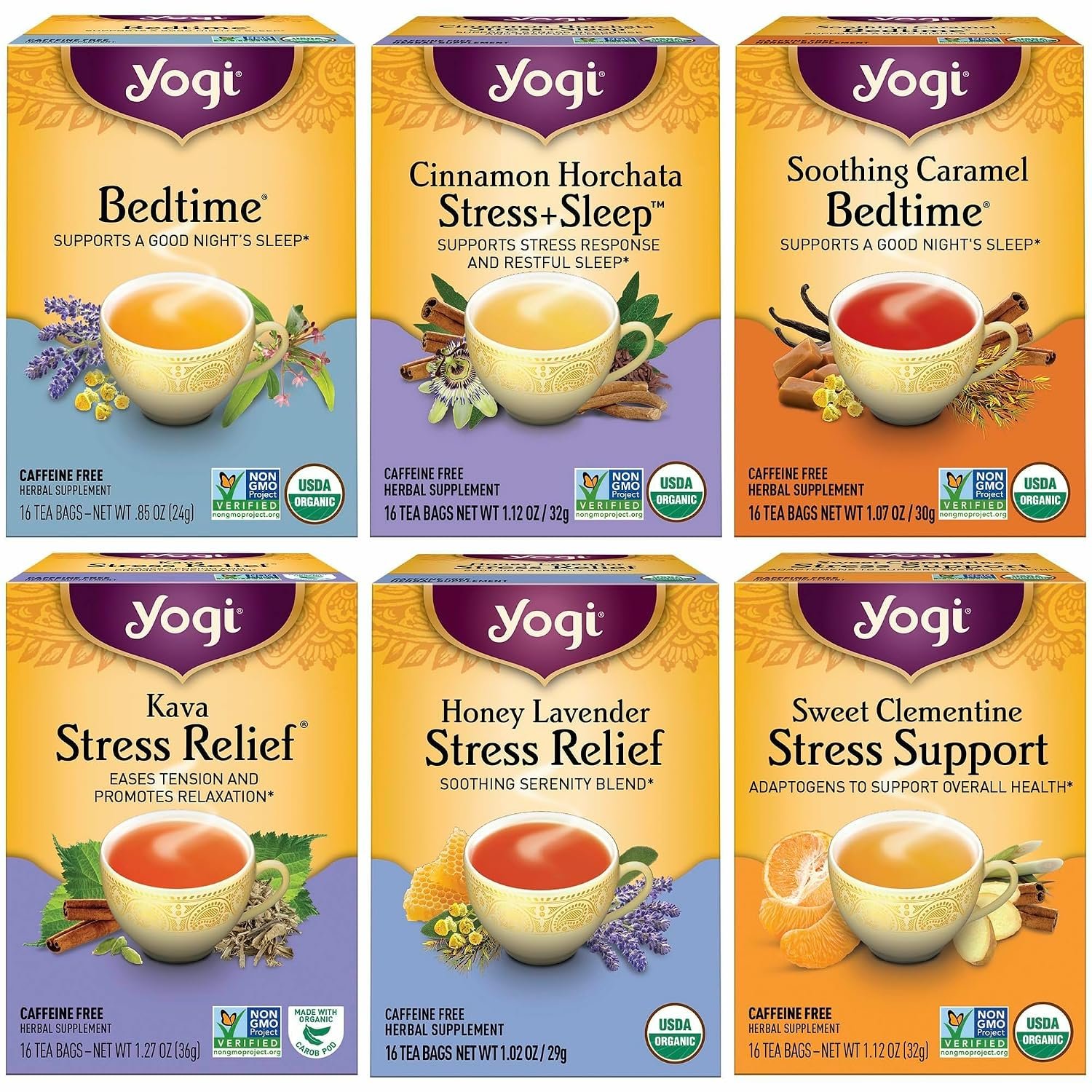 Yogi Tea Stress Relief & Herbal Tea Variety Pack – 16 Bags per Pack (6 Packs) – Organic Herbal Sampler – Includes Bedtime, Kava Stress Relief, Soothing Caramel Bedtime & More