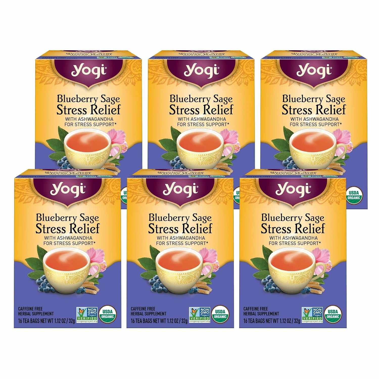 Yogi Tea Blueberry Sage Stress Relief – 16 Tea Bags per Pack (6 Packs) – Relaxing, Calming Tea to Support Stress Response – Includes Ashwagandha, Blueberry, Sage, Hibiscus & More