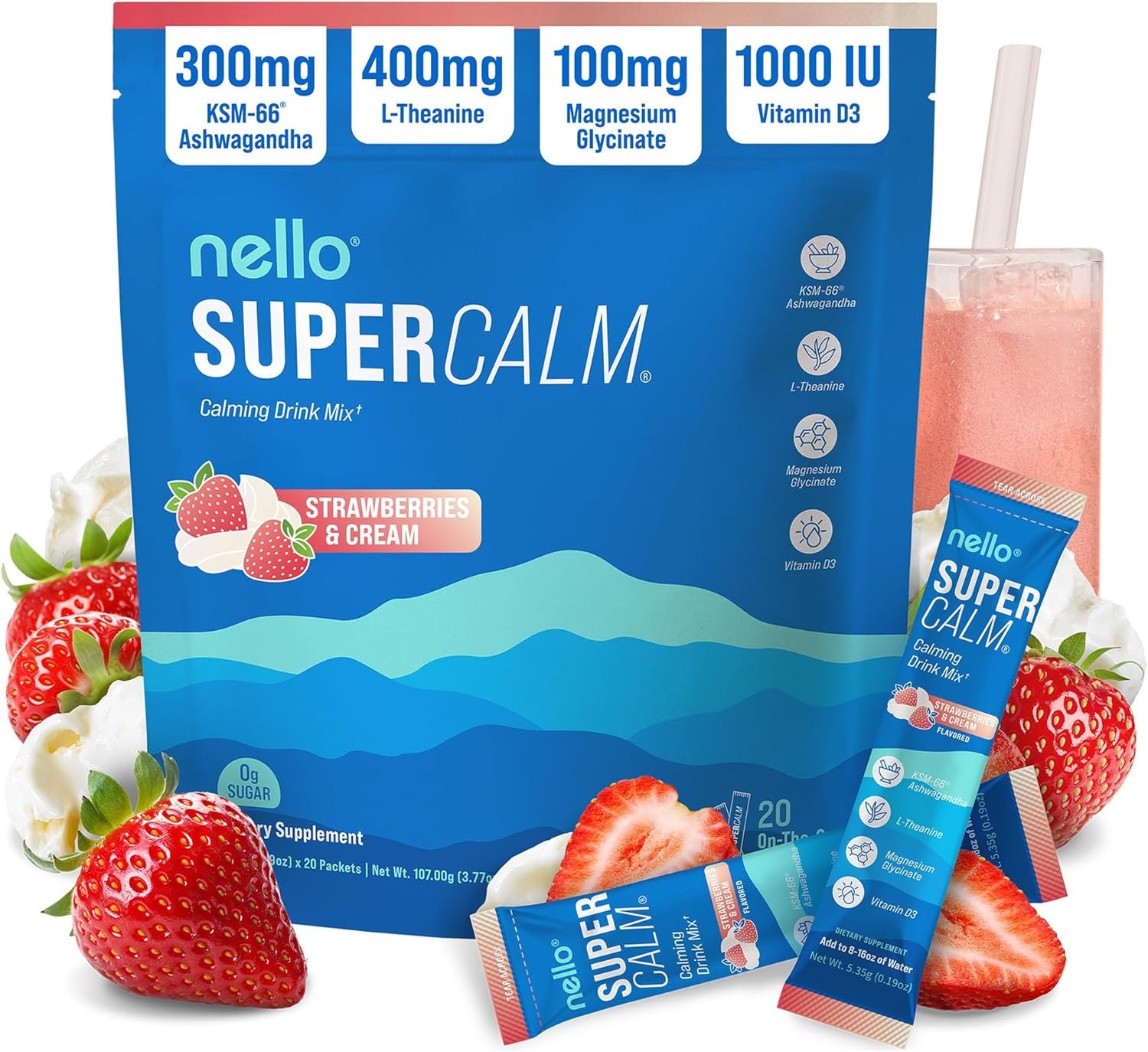 Nello Supercalm Powdered Drink Mix, Cortisol Reducer*, Sleep Aid Supplement, L Theanine, Ksm-66 Ashwagandha, Magnesium Glycinate, Vitamin D 3, No Sugar, Non GMO, 20 Ct, Strawberries & Cream