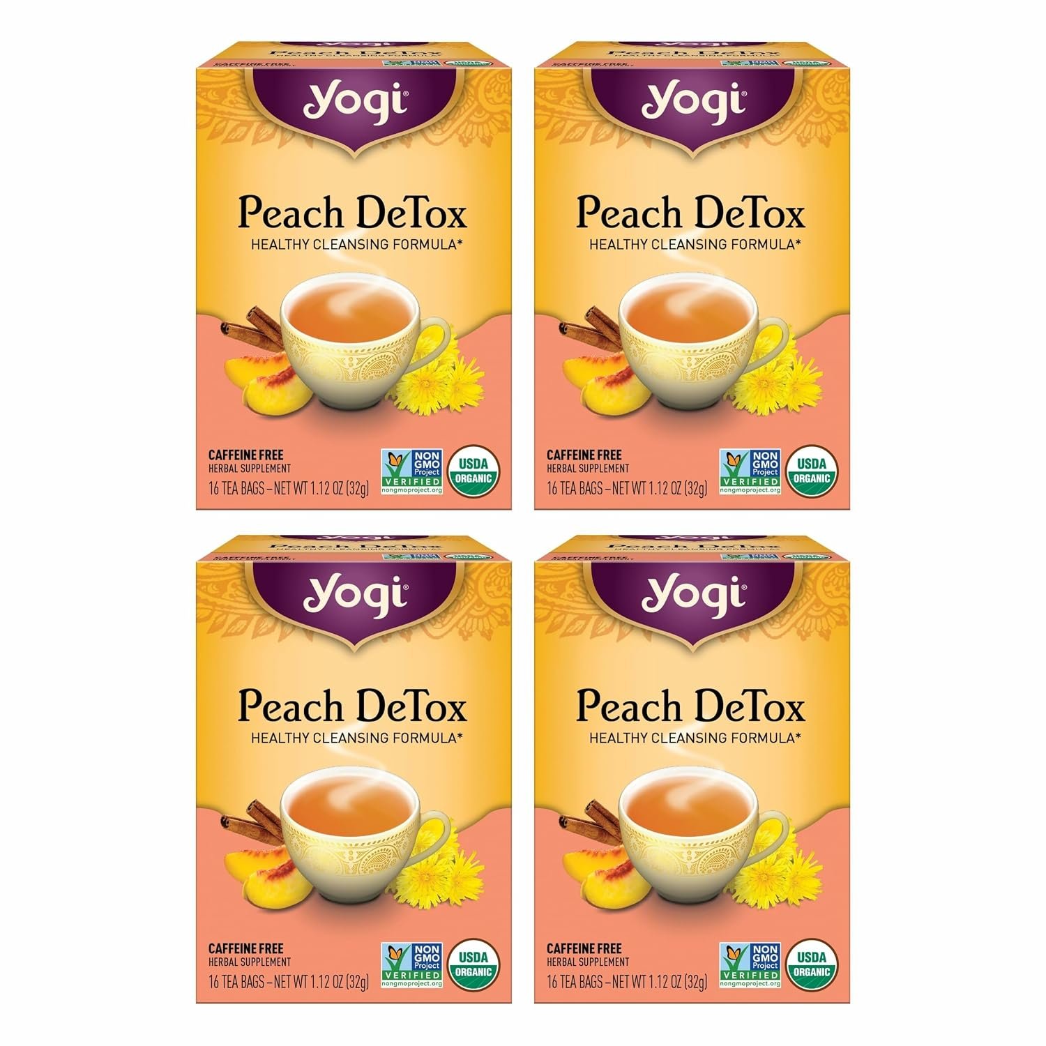 Yogi Tea Peach DeTox – 16 Bags per Pack (4 Packs) – Organic DeTox Tea to Feel Refreshed – Includes Cinnamon Bark, Ginger Root, Cardamom Pod, Burdock Root, Dandelion Root & More