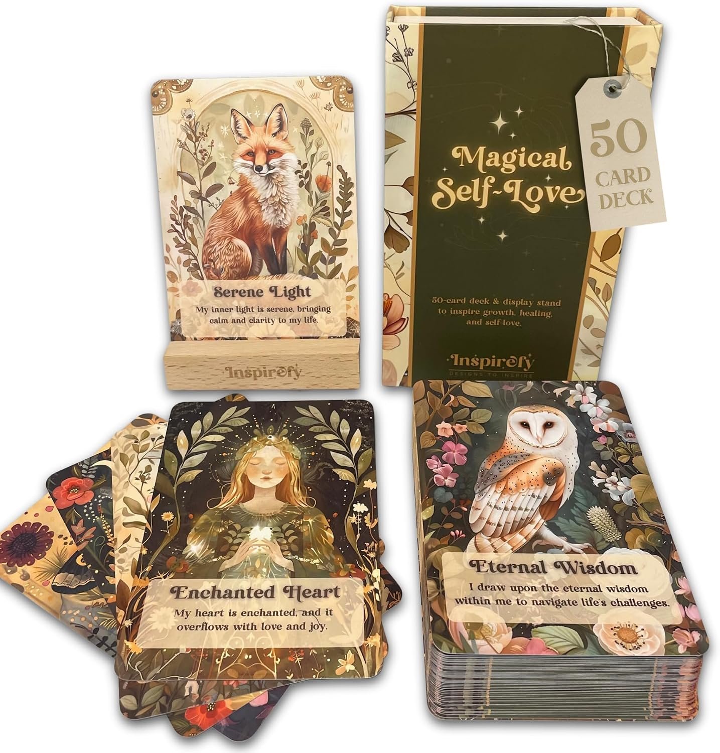 Magical Self-Love Affirmation Cards – 50 Beautifully Illustrated Positive Affirmations for Confidence & Mindfulness – Premium Deck with Wooden Stand & Gift Box – Self Care & Meditation Gift for Women