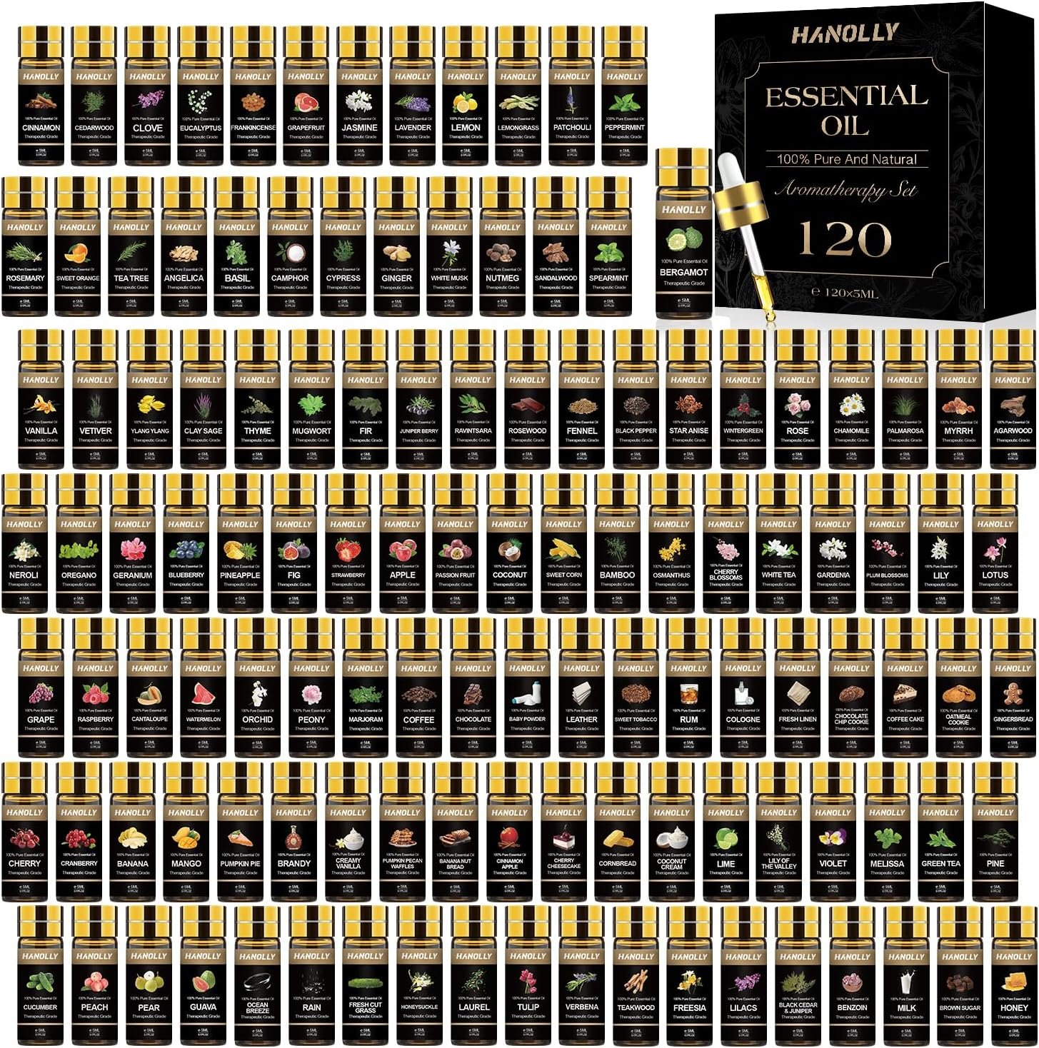 Essential Oils Set -120 Pcs Aromatherapy Essential Oil Kit for Diffuser, Humidifier, Massage, Skin Care, Candle Making – Fruity, Floral, Bakery, Mens, Woody & Herbal Essential Oil Gift Set