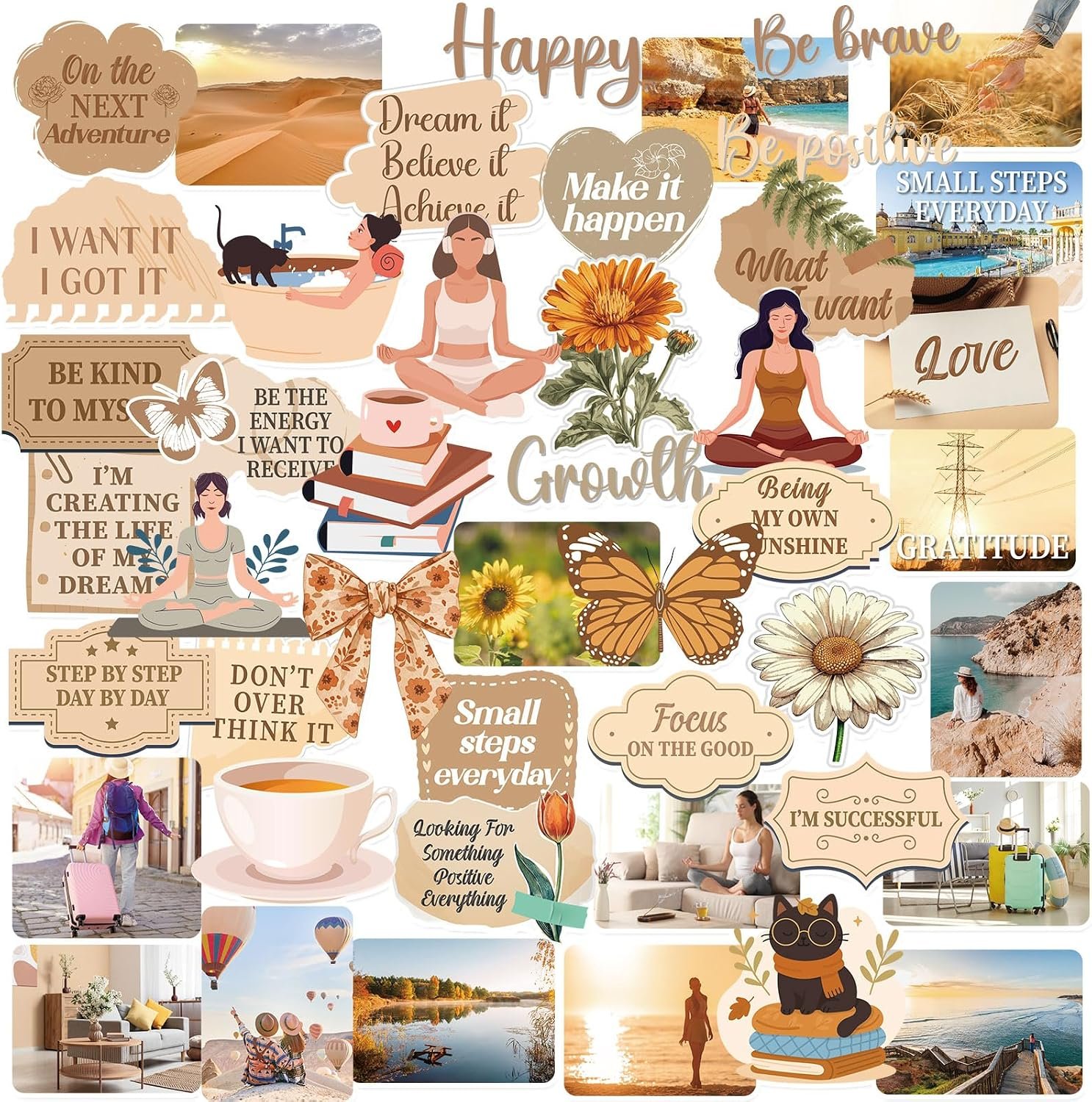 50 Pcs Vision Board Stickers for Women, Positive Affirmation Stickers for Vision Board Supplies Kit, Inspirational Quote Journey Decal Sticker for Adults Teens Planner Accessories (Brown)
