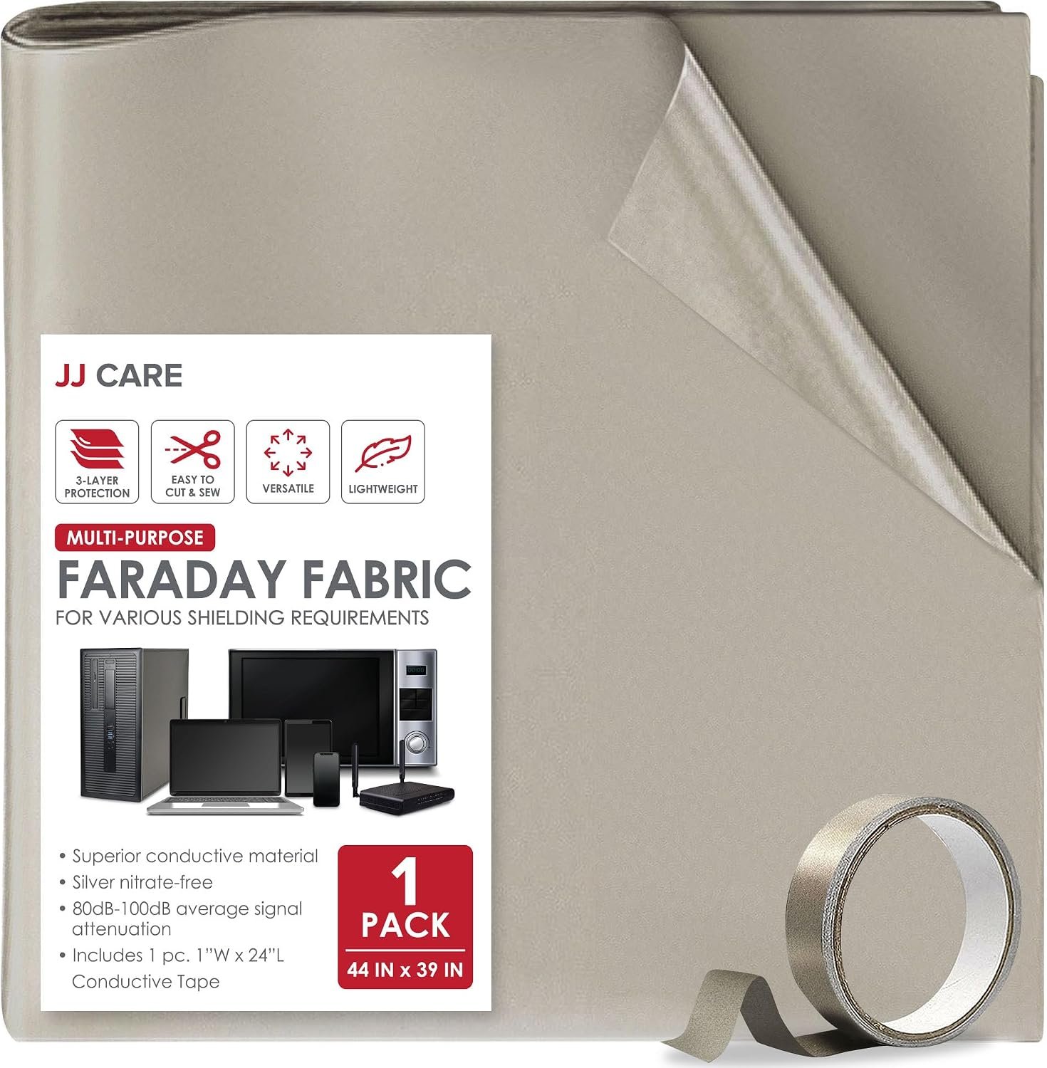Faraday Fabric [Pack of 1, 44″ x 39″ Faraday Cloth + 1″ x 24″ Long Faraday Tape + Instructions] – Military Grade Shielding Fabric EMP Proof Military Grade