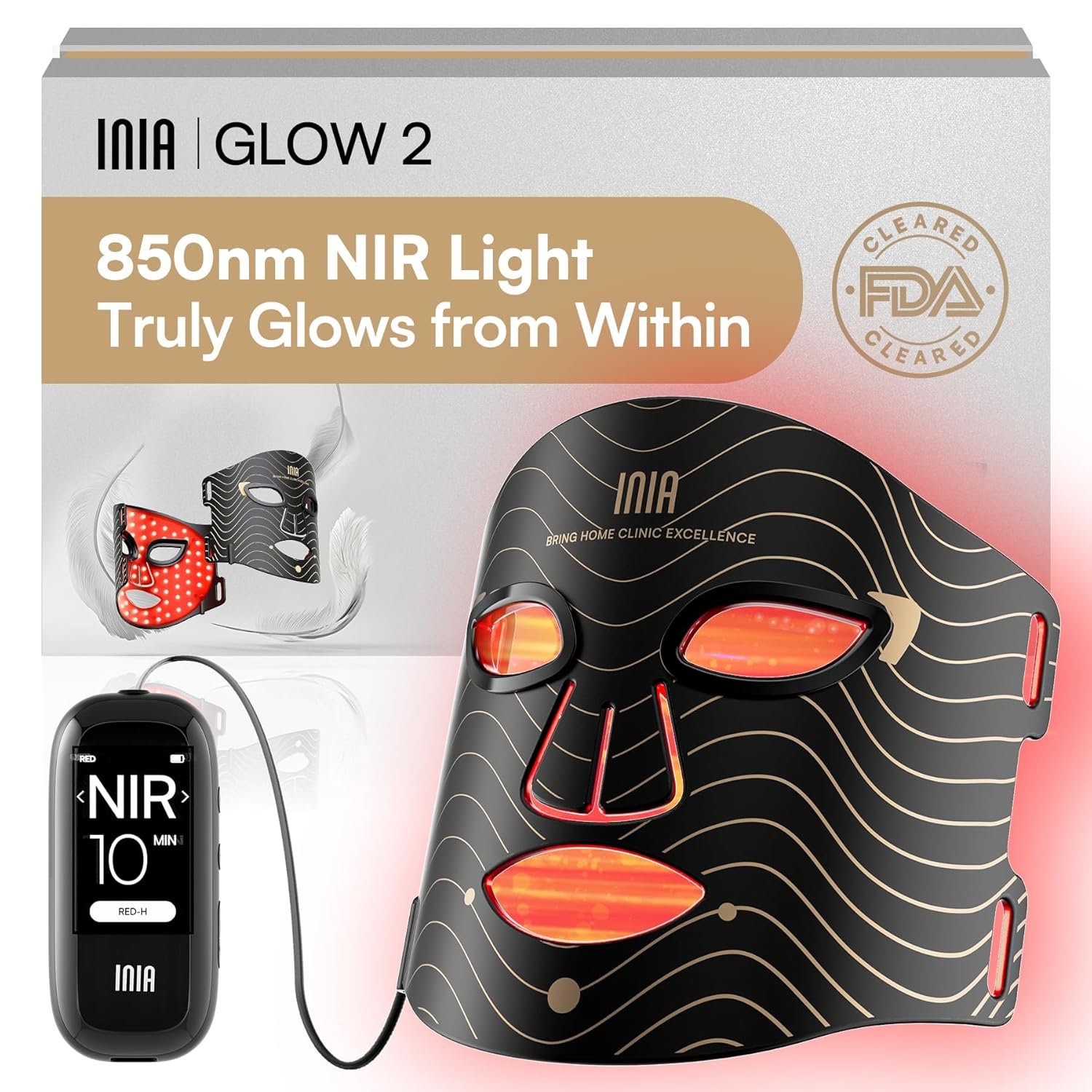 INIA Red Light Therapy Mask for Face, 850nm NIR, Red/Blue LED Light 4 Modes | Visible Results in Just 4 Weeks, 220 LEDs, 105mW/cm² Output, 2600mAh Rechargeable Battery, 10-30min Timer, Auto Shut-off
