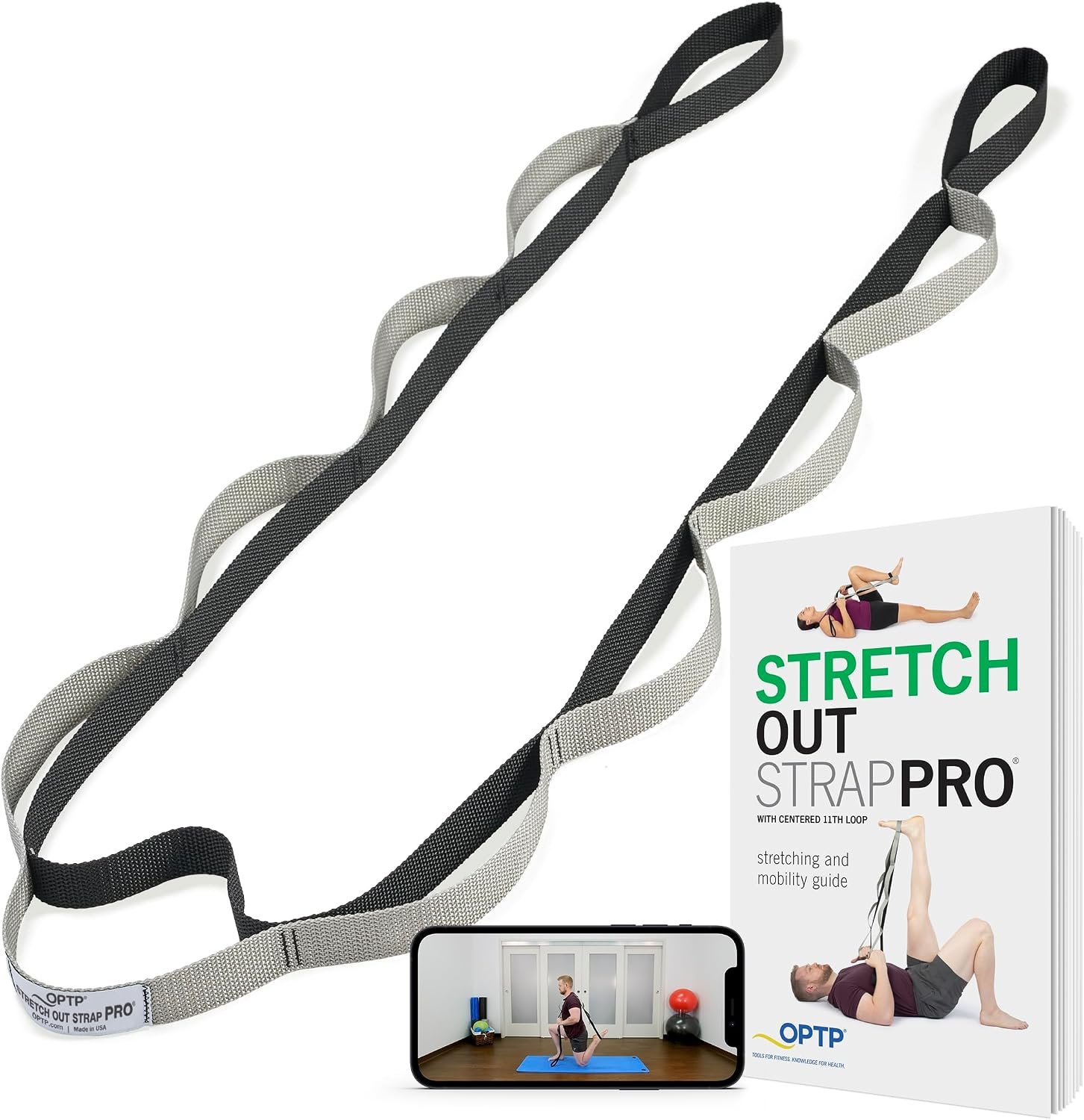 OPTP Stretch Out Strap Pro with Stretching Exercise Book, 11 Loop Stretching Strap for Yoga and Pilates, Physical Therapy Strap for Leg and Knee Recovery. Made in the USA