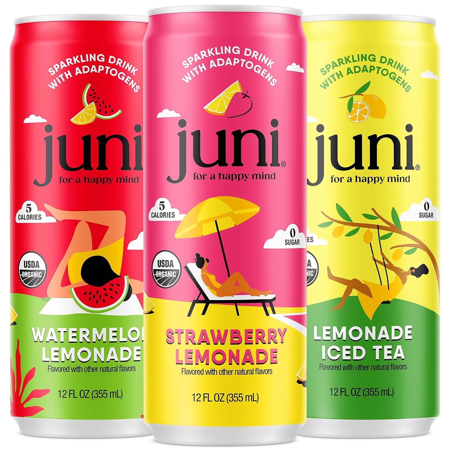 Juni Sparkling Adaptogen Drink with Ashwagandha, Lion’s Mane & Reishi Mushrooms, Green Tea for Focus, Zero Sugar, Strawberry, Watermelon, Lemonade Iced Tea, Variety Pack, 12-pack