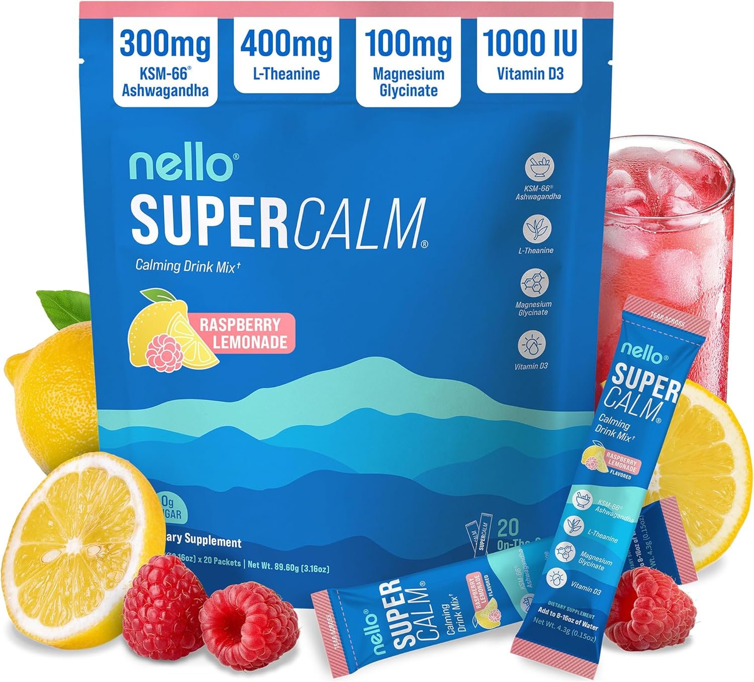 Nello Supercalm Powdered Drink Mix, Cortisol Reducer and Sleep Aid Supplement, L Theanine, Ksm-66 Ashwagandha, Magnesium Glycinate, Vitamin D 3, No Sugar, Non GMO, On The Go, 20 Ct, Raspberry Lemonade