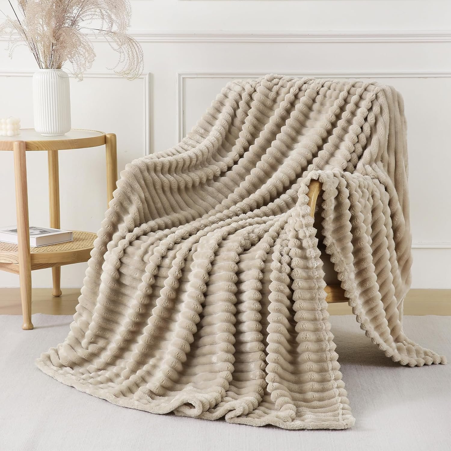 Khaki Throw Blanket for Couch Sofa 50×60 inches Striped Design | Fleece Blankets Room Home Decor Lightweight Plush Soft Cozy Gifts for Women Mom