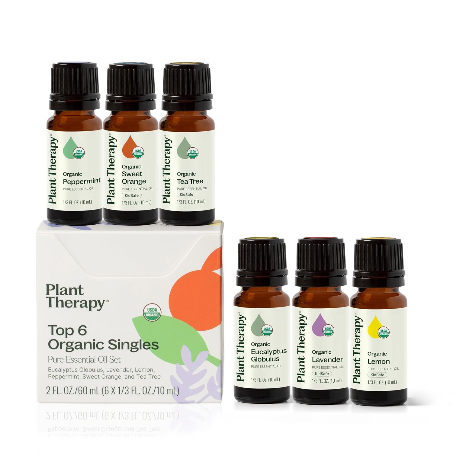 Plant Therapy Top 6 USDA Organic Essential Oil Set – Lavender, Peppermint, Eucalyptus, Lemon, Tea Tree 100% Pure, Natural Aromatherapy, for Diffusion & Topical Use, Therapeutic Grade 10 mL (1/3 oz)