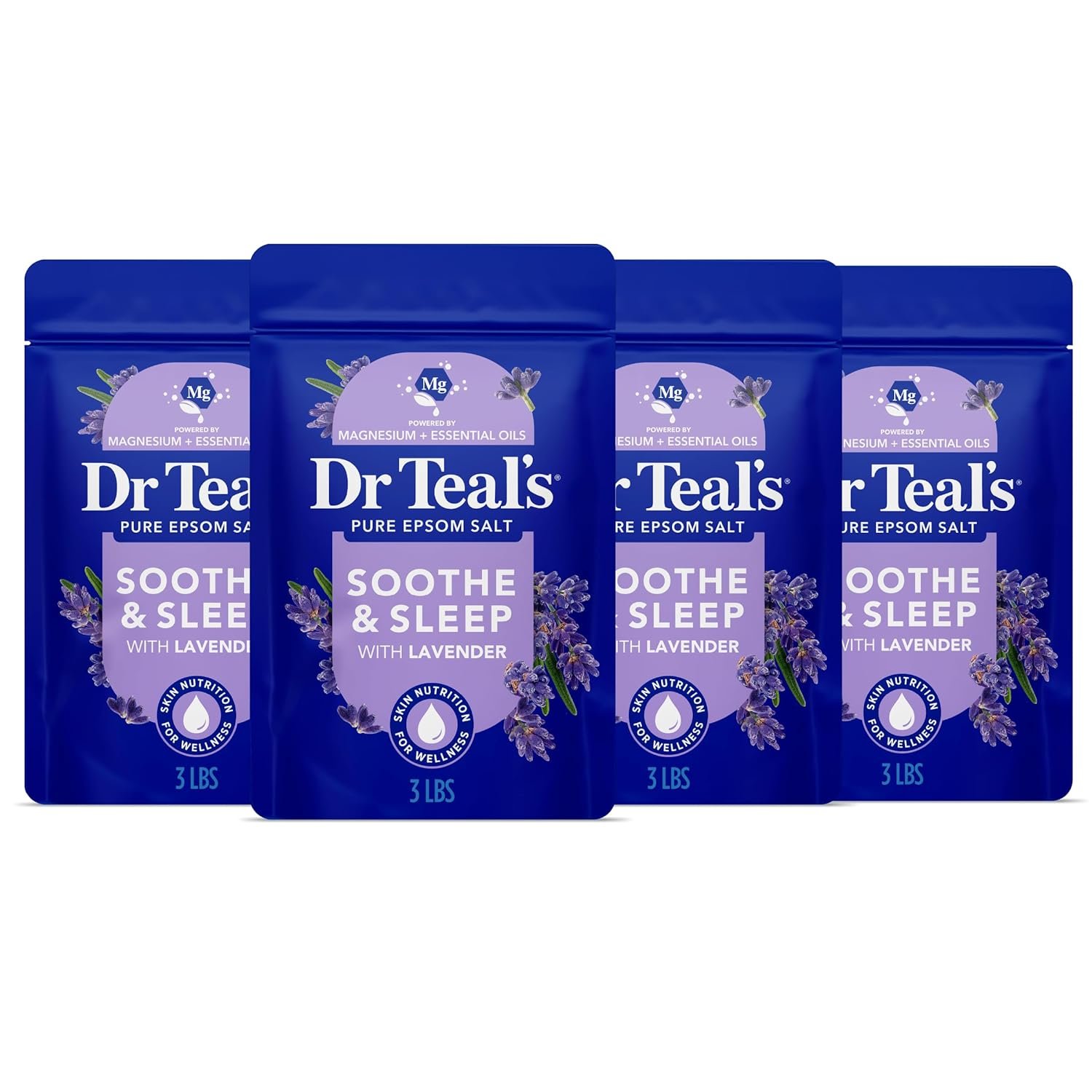 Dr Teal’s Pure Epsom Magnesium Salt Soak, Soothe & Sleep with Lavender, 3 lb (Pack of 4)