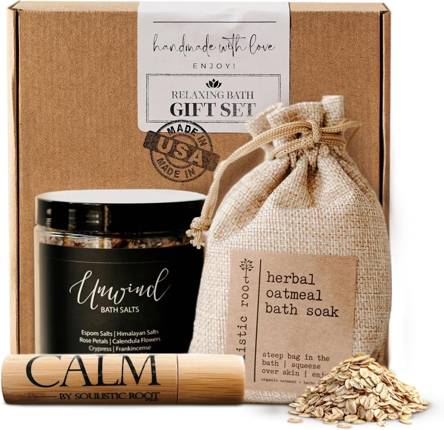 Relaxing Bath Gift Set for Women – Ready-to-Gift Spa Gift Set with Calm Essential Oil Roller, Epsom Bath Salts & Organic Lavender Oatmeal Bath Soak by Soulistic Root