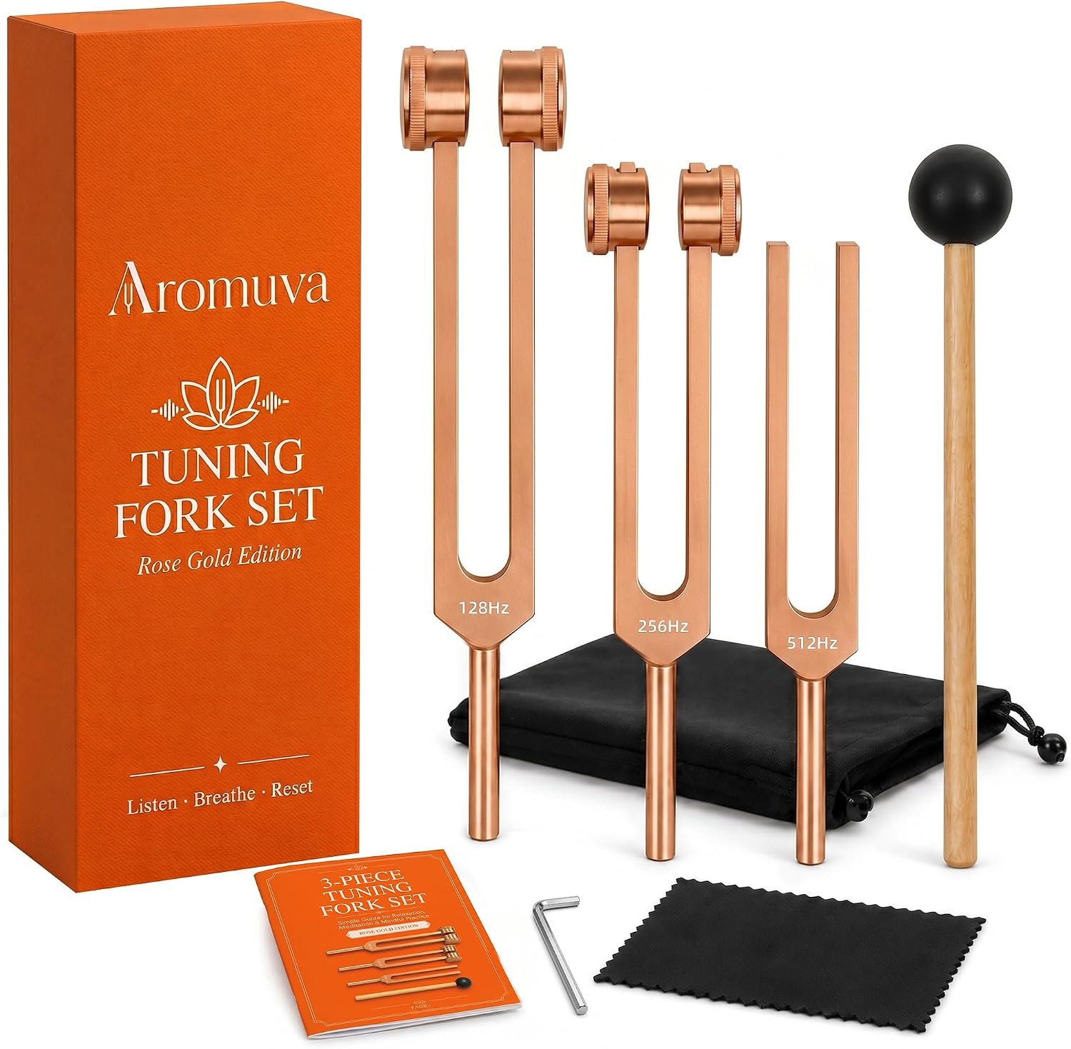 Rose Gold Tuning Forks for Healing Set – 128Hz & 256Hz Weighted, 512Hz Unweighted Sound Healing Kit with Mallet & Beginner Guide for Meditation, Yoga, Reiki, Chakra & Relaxation