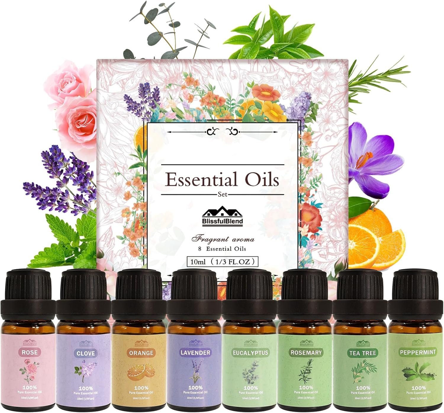 8 Pcs×10ml Pure Essential Oils for Diffuser for Home Care, Perfume, Candle and Soap Making – Peppermint, Lavender, Rose, Clove-Organic Essential Oils Set for Women and Mom Gift