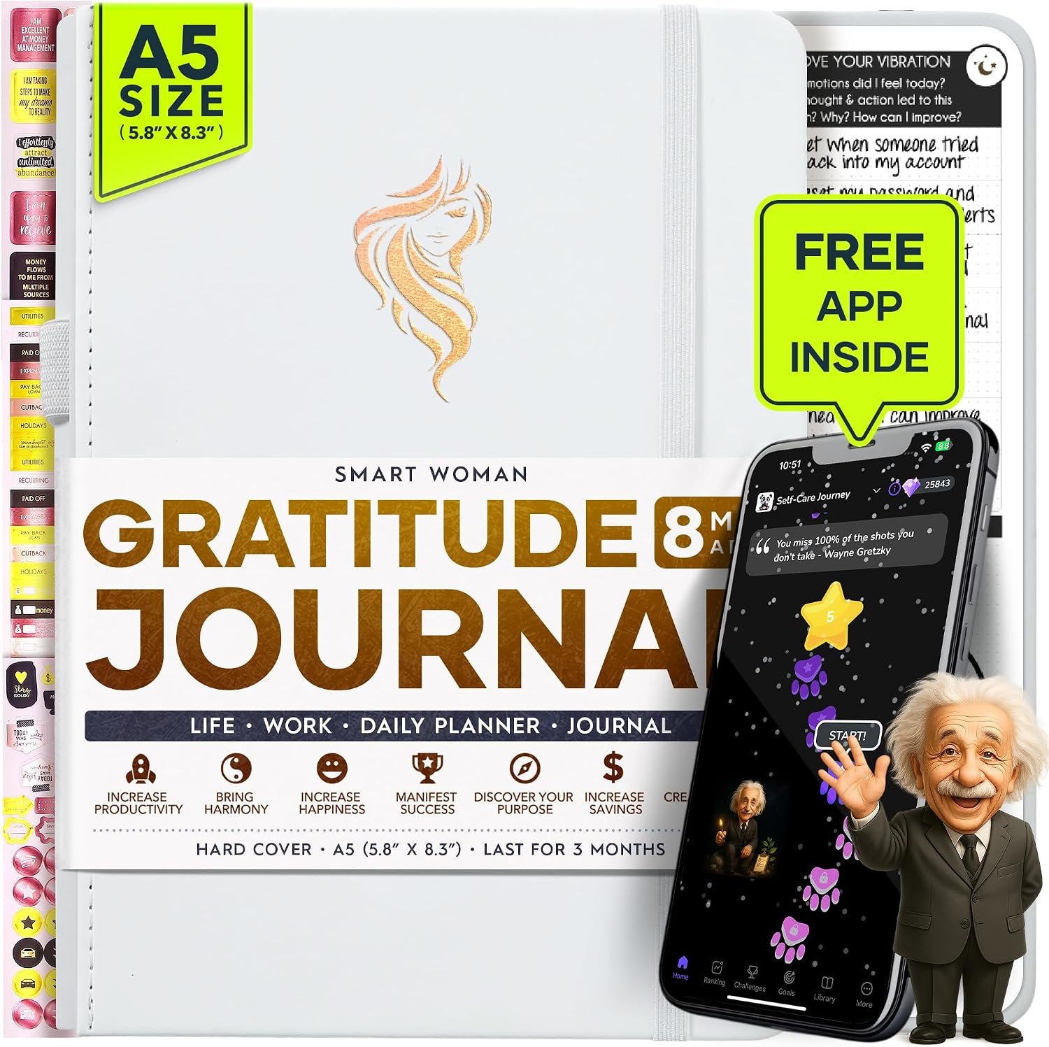 Freedom Mastery Daily Journal of Gratitude, Productivity & Habit Tracker | Undated 90-Day Planner with Daily Reflection, Mindfulness, Positivity, Vision Board & Stickers, Self Care Journal for Women