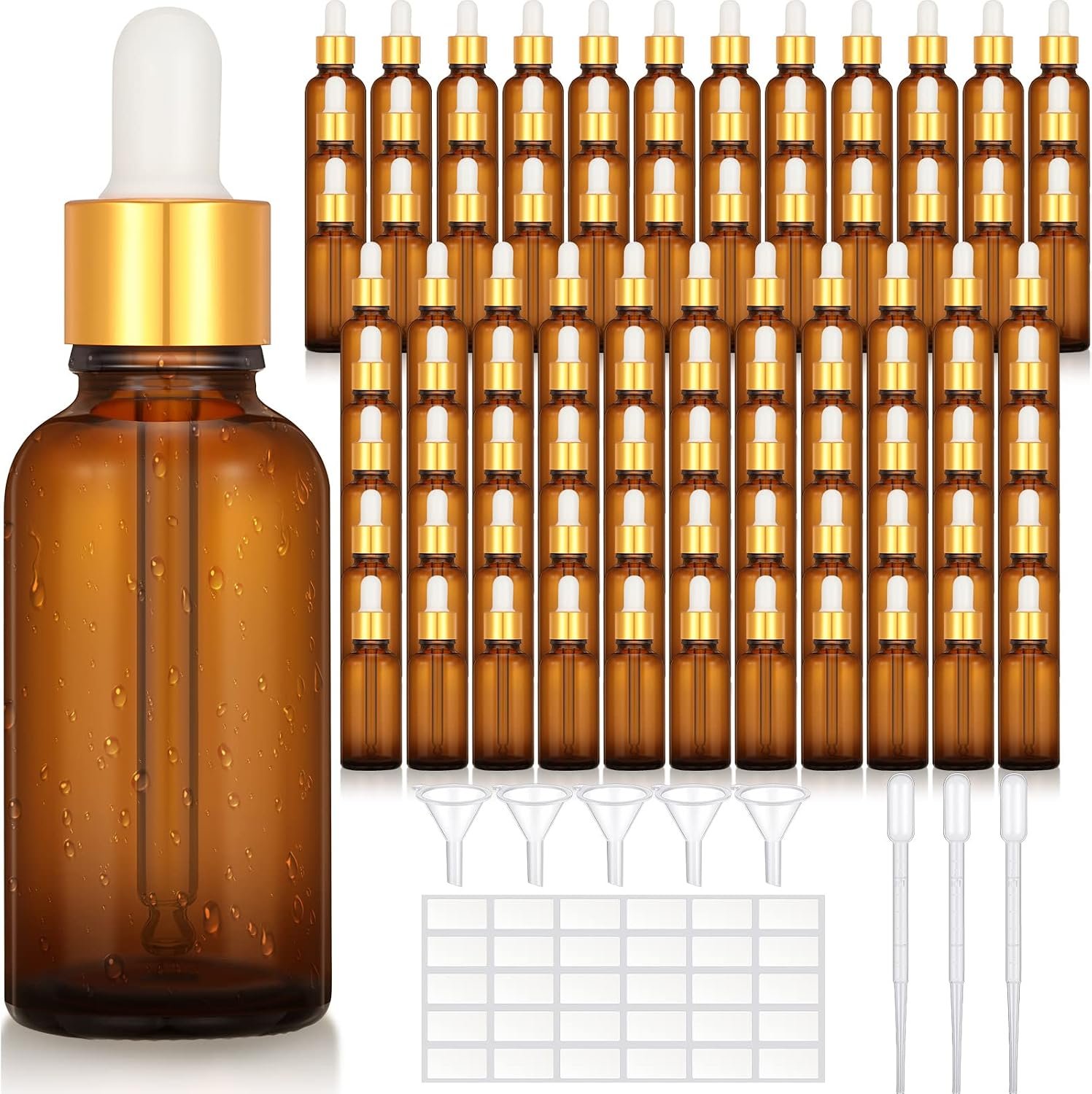 Nuogo 100 Pcs Glass Dropper Bottles 1 oz Essential Oil Dropper Bottles with Labels and Funnels Golden Caps Empty Tincture Glass Containers Perfume Cosmetic Travel Liquid Containers(Amber)