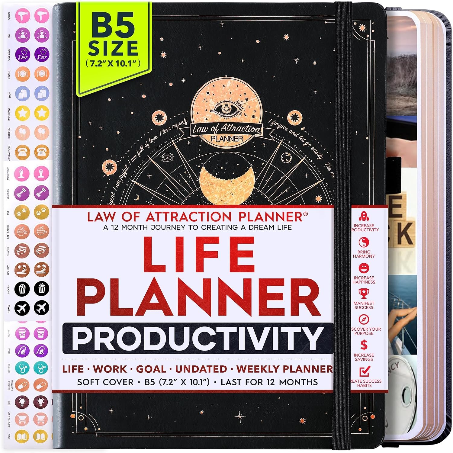 Life Planner Deluxe Undated Planner Weekly and Monthly Manifestiing Journal | Start Anytime Manifestation Journal with Hourly Scheduling, Goal Setting, Positivite Habit Tracker, Vision Board & Stickers