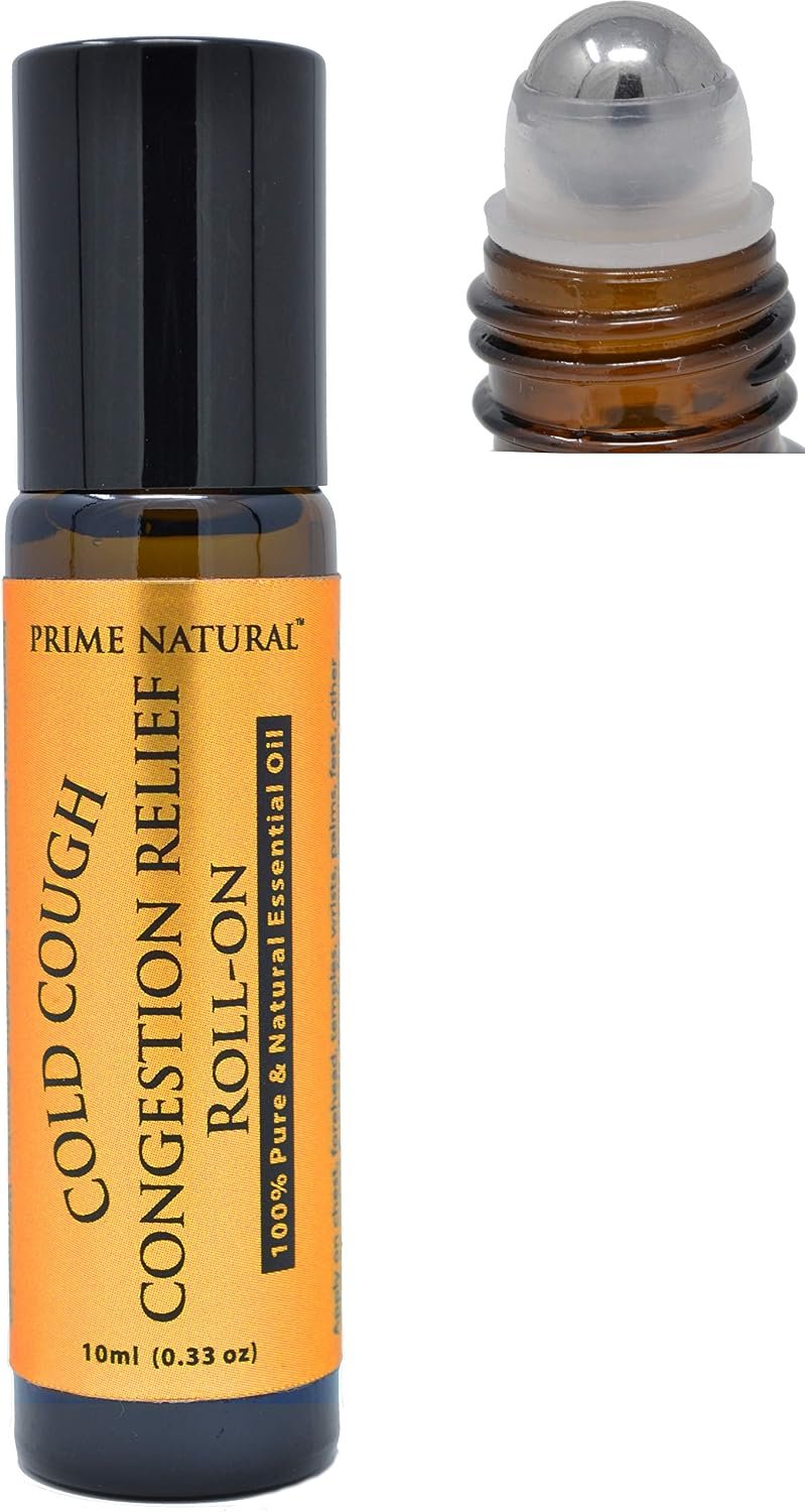 Prime Natural Cold Cough Congestion Relief Essential Oil Roll on (10ml), Pre-Diluted Ready to Use Roller for Sinus, Sore Muscle, Headache & Sleep