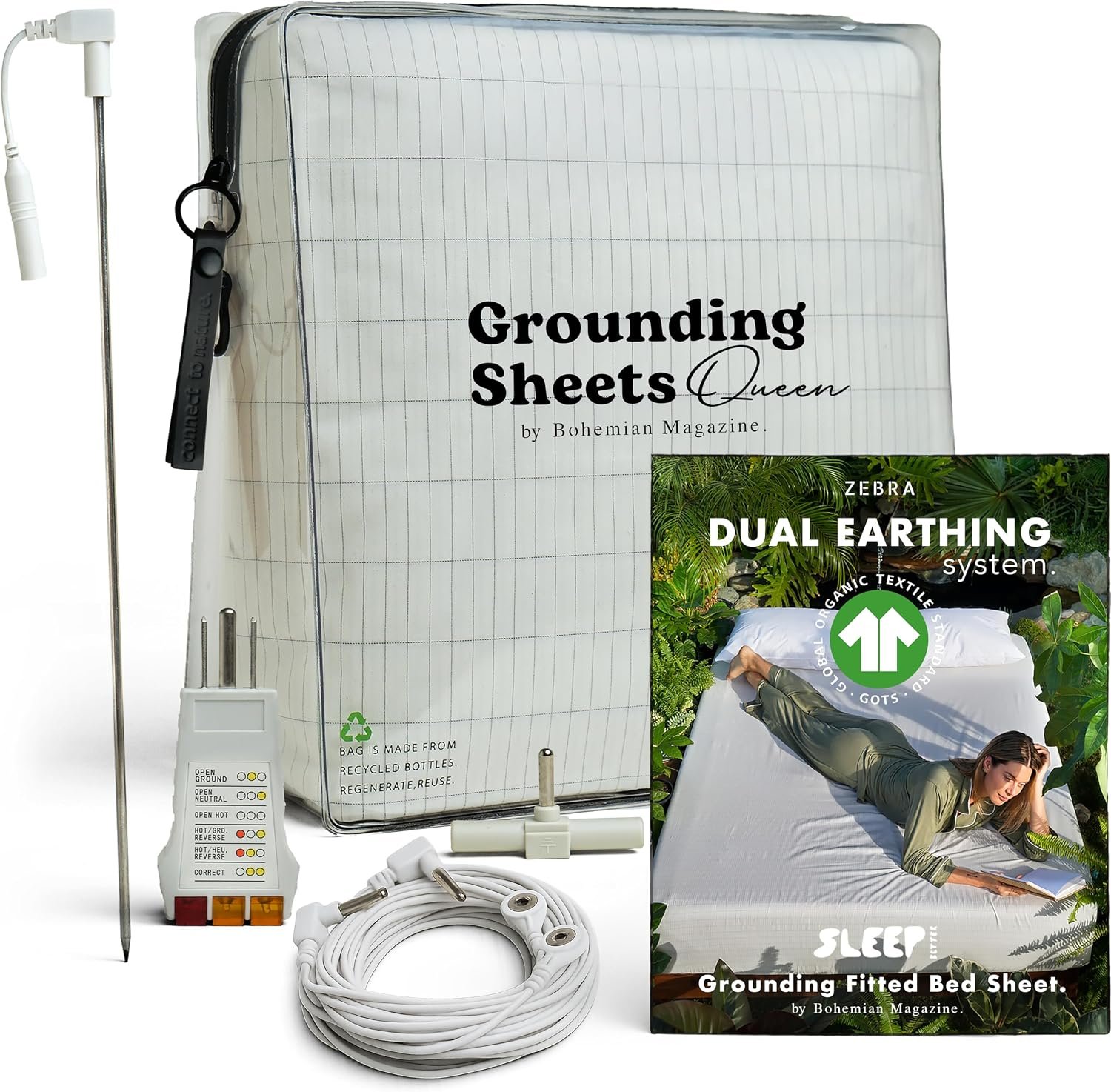 Zebra Grounding Sheets Queen Size – 2X Stronger – GOTS Organic Cotton – 16.5″ Deep Pocket – Tester & Safety Resistor – Queen Size Grounding Sheets for Bed – Grounded Sheets – Grounding Bed Sheets