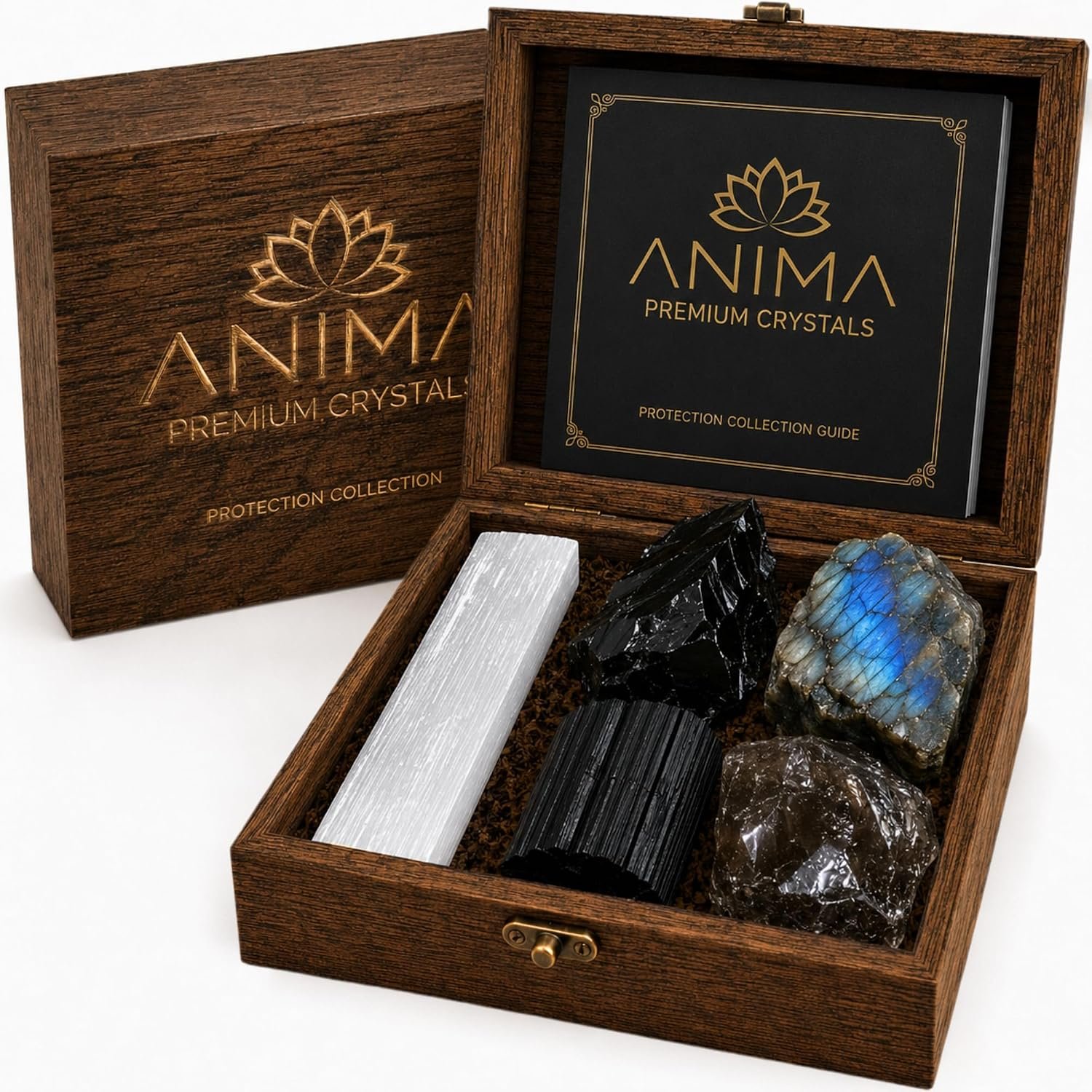 Anima Premium Protection Healing Crystals Set for Energy Shielding – Large Raw Obsidian, Black Tourmaline, Labradorite, Smoky Quartz & Selenite Bar – Wooden Gift Box and Guide Booklet Included