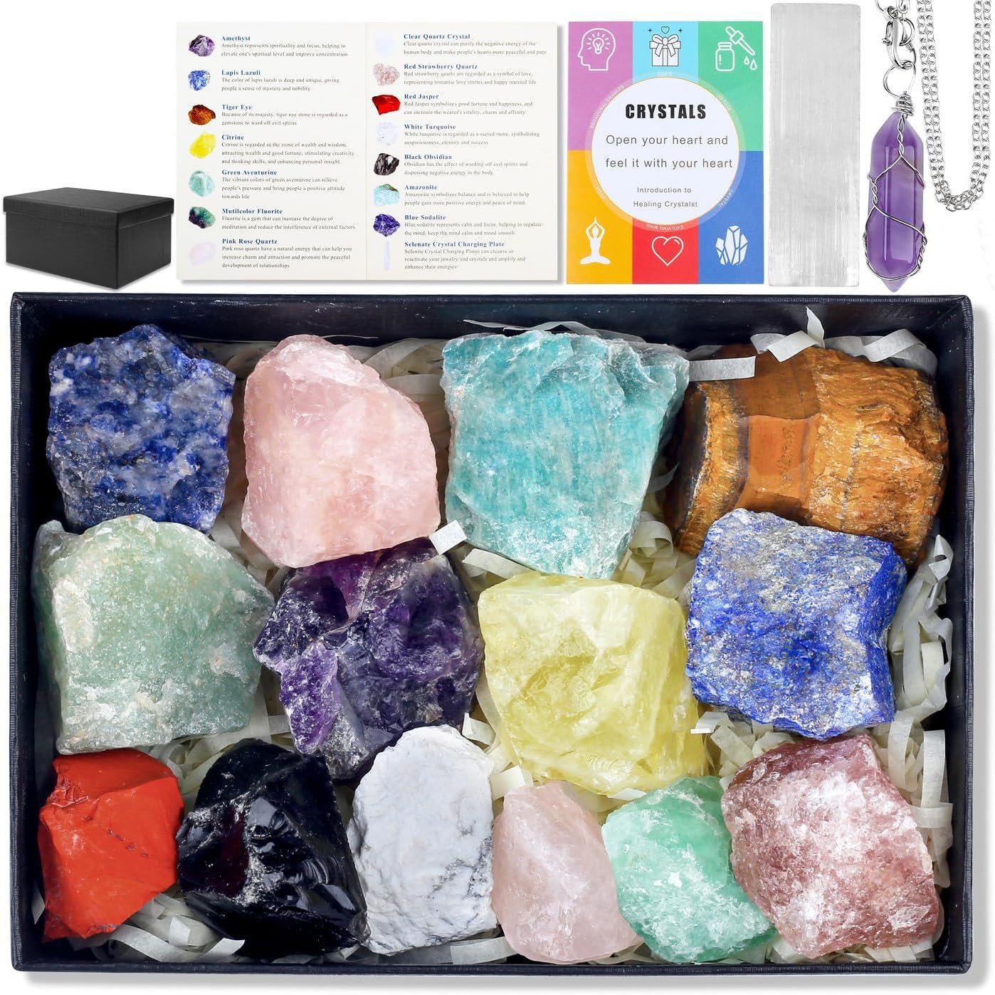 DUQGUHO 17Pcs Crystals and Healing Stones Crystal Gifts Set Raw Chakra Stones Colored Rocks for Beginners Collection Chakra Gift
