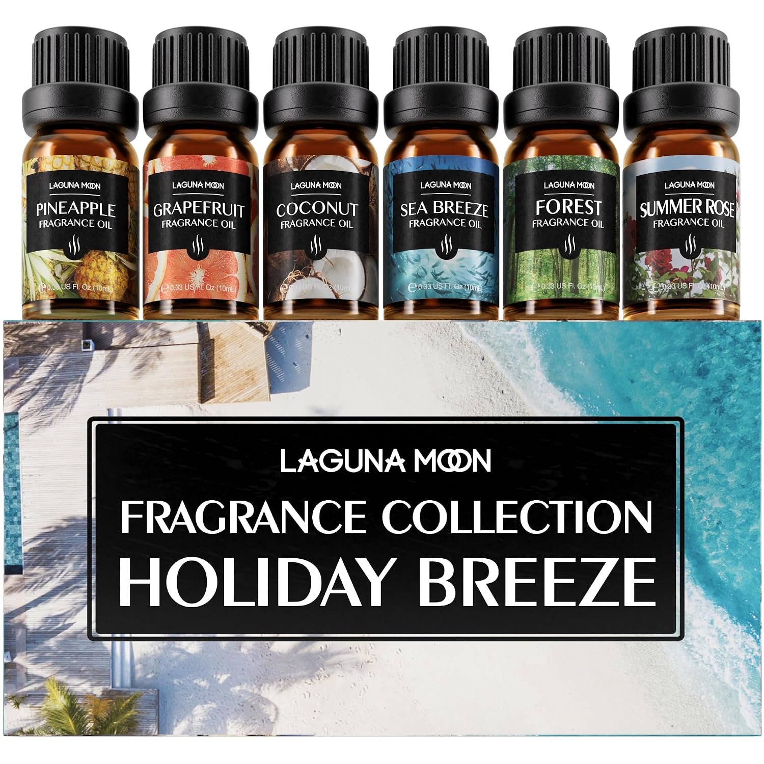 Lagunamoon Summer Essential Oils Set – Holiday Breeze Gift Set for Diffusers, Home Care, Candle Making, Fragrance, Aromatherapy, Humidifiers, Gifts – Coconut, Pineapple, and Grapefruit (10ml)